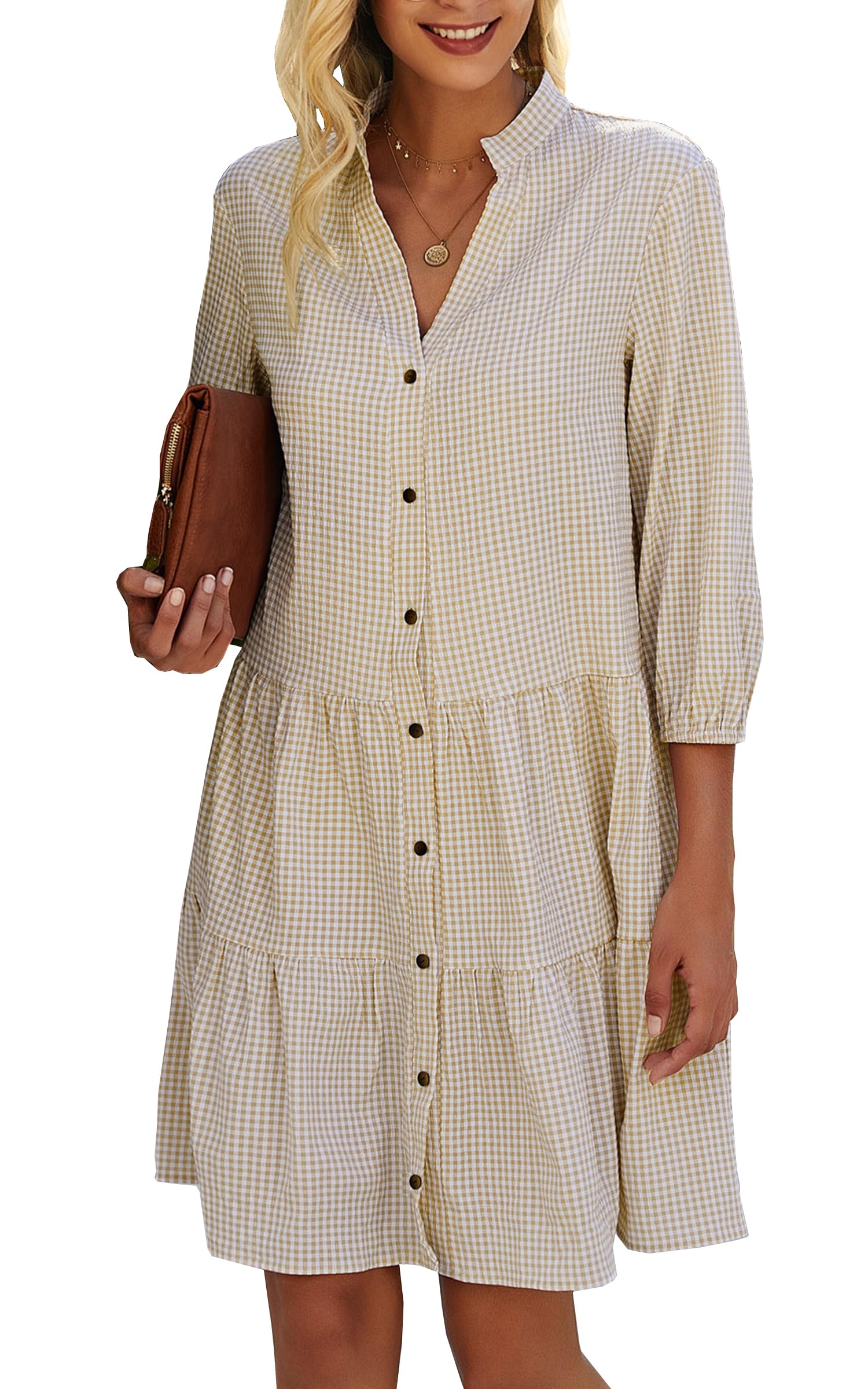 CCTOO Women's Summer Dresses Casual V Neck Button Down 3/4 Sleeve Floral Print Loose Flowy Shirt Dress