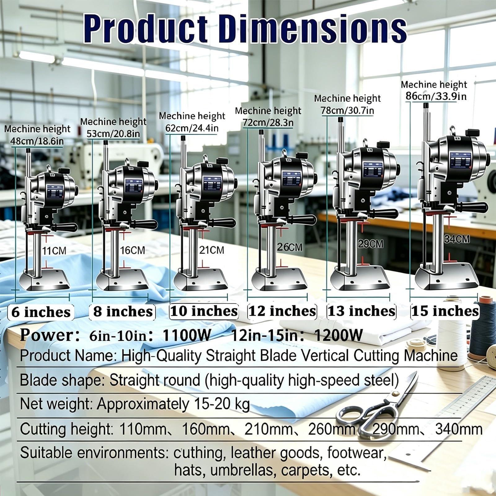 Máquina Eléctrica De Corte De Tejidos, Cortadora Con Cuchilla Recta 1100w/1200w, Gran Cortadora Rotativa De Telas Con Afilado Automático De Cuchilla Para Industrias Textiles Y Del Cuero(8 in)