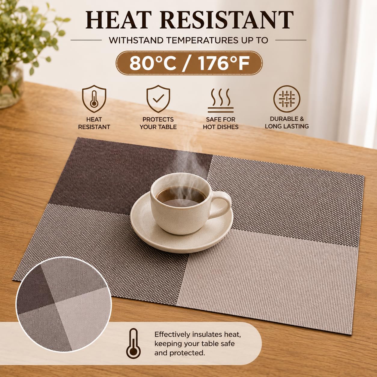OXSAM Placemats, Heat Insulation Non-Slip Vinyl mats, Stain-Resistant Tablemats for Home and café Dining Table Décor (Taupe Brown, Pack of 6) — Amazon image 3