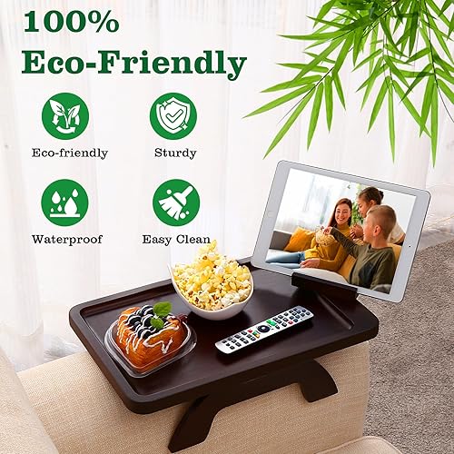 Miniatura 2 de Mesa de brazo para sofá, bandeja con clip para reposabrazos con soporte para teléfono, mesa de sofá para sala de estar y dormitorio (nogal grande,