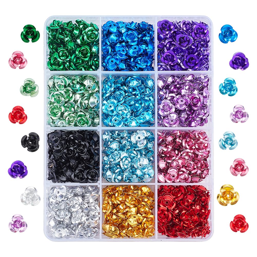 PH PandaHall 720pcs Flower Spacer Beads 12 Color Metal Flower 3D Charms Aluminum Rose Beads Tiny Rose Metal Bead for Jewelry Making Hair Pin Nail Art