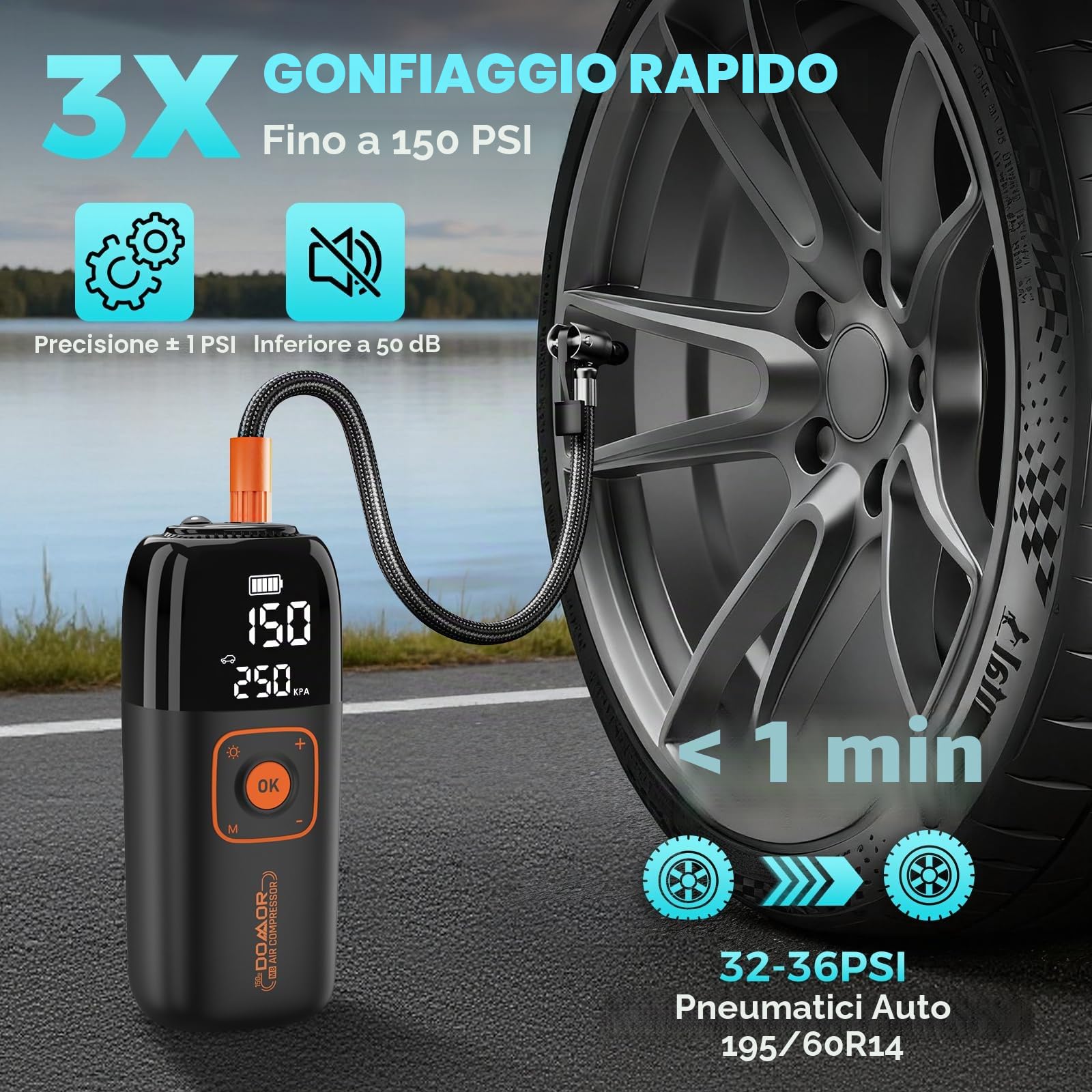 Compressore Aria Portatile, Compressore Portatile, Compressore Portatile Moto 150 PSI (10,3 Bar), Inflazione Rapida, Spegnimento Automatico, LED, per Auto, Moto, Bicicletta, Palla