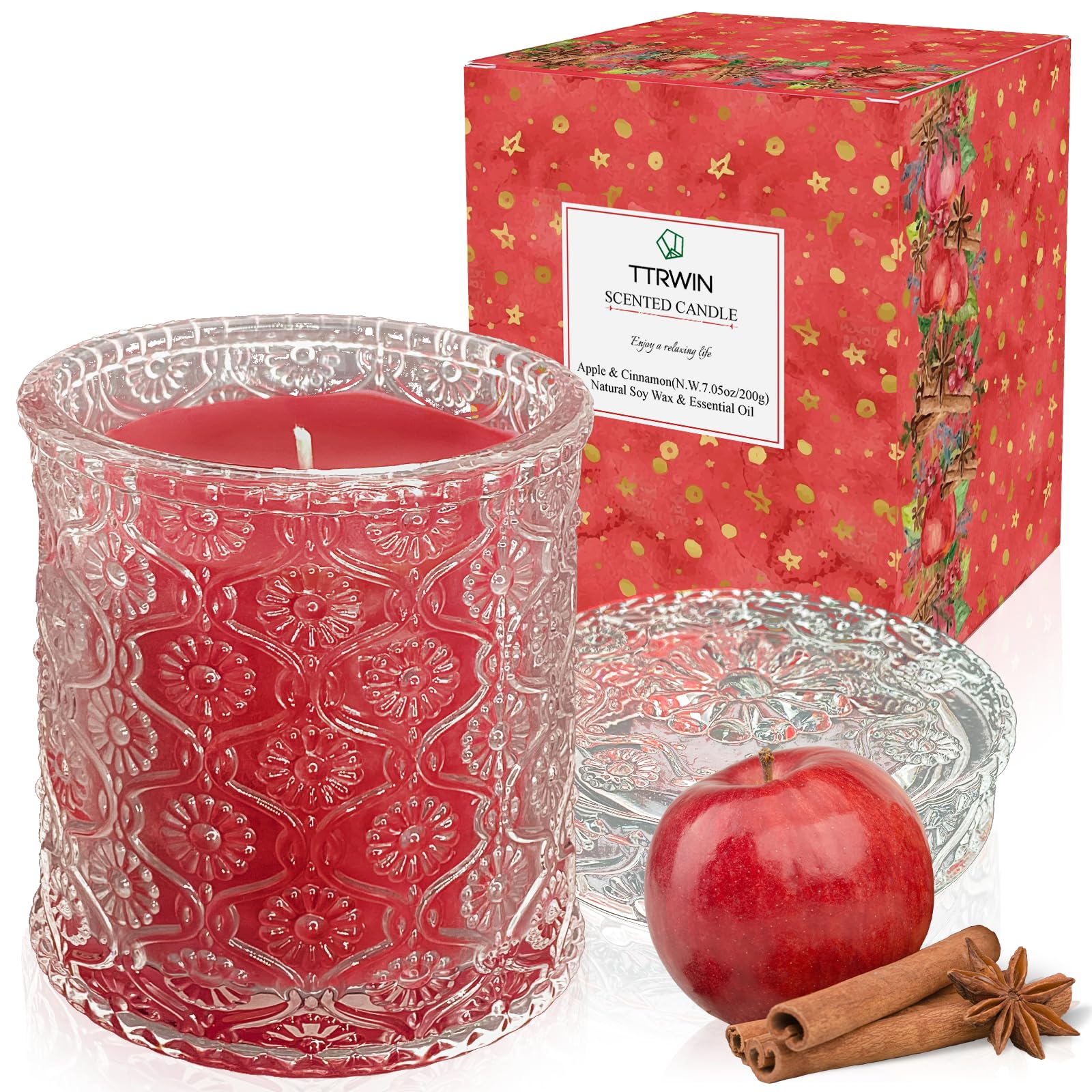 TTRWIN Vela Perfumada de Manzana Canela, Velas Aromáticas Larga duración, Aroma Fuerte, Vela Roja de Aromaterapia para Navidad, Cumpleaños, 200g