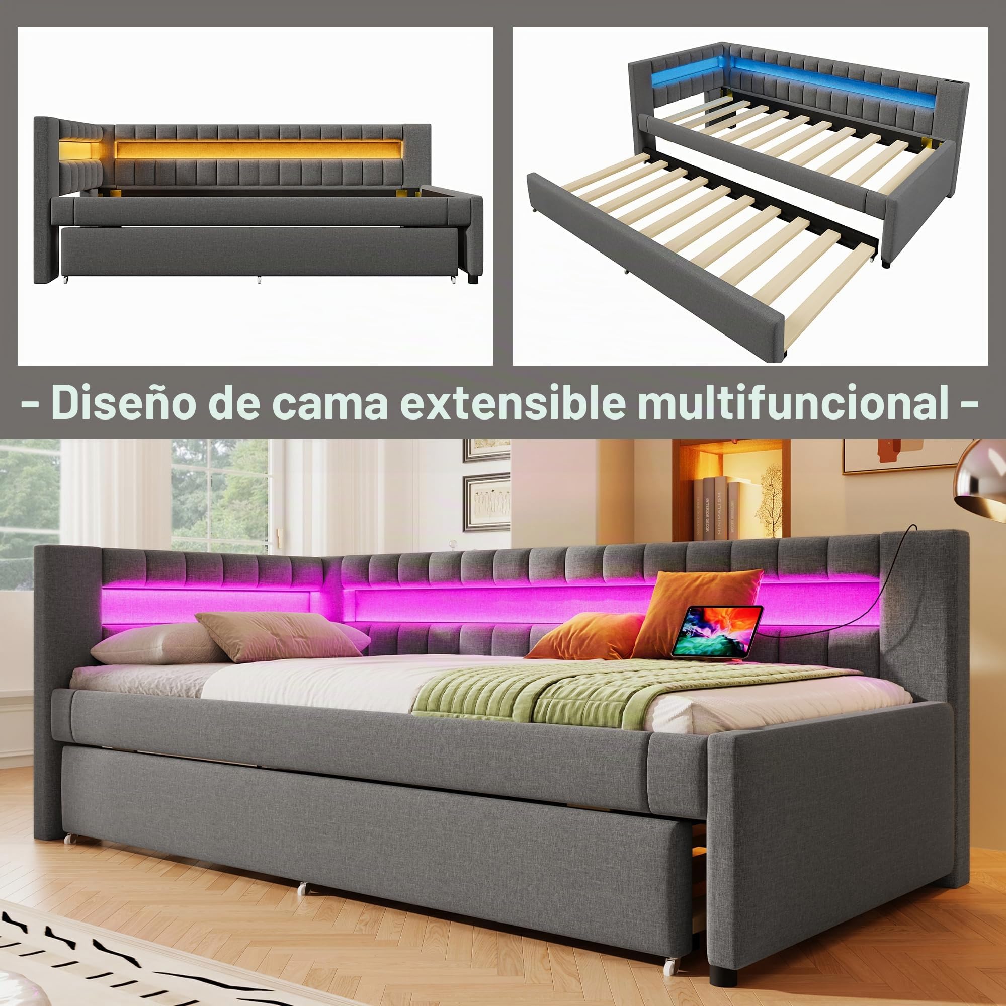 Soweiz Sofá cama, cama tapizada, cama con barra de luz LED con control remoto en el pie de la cama, cama con cama desplegable sin colchón, USB + Type-C, lino (Gris, 90x200cm)