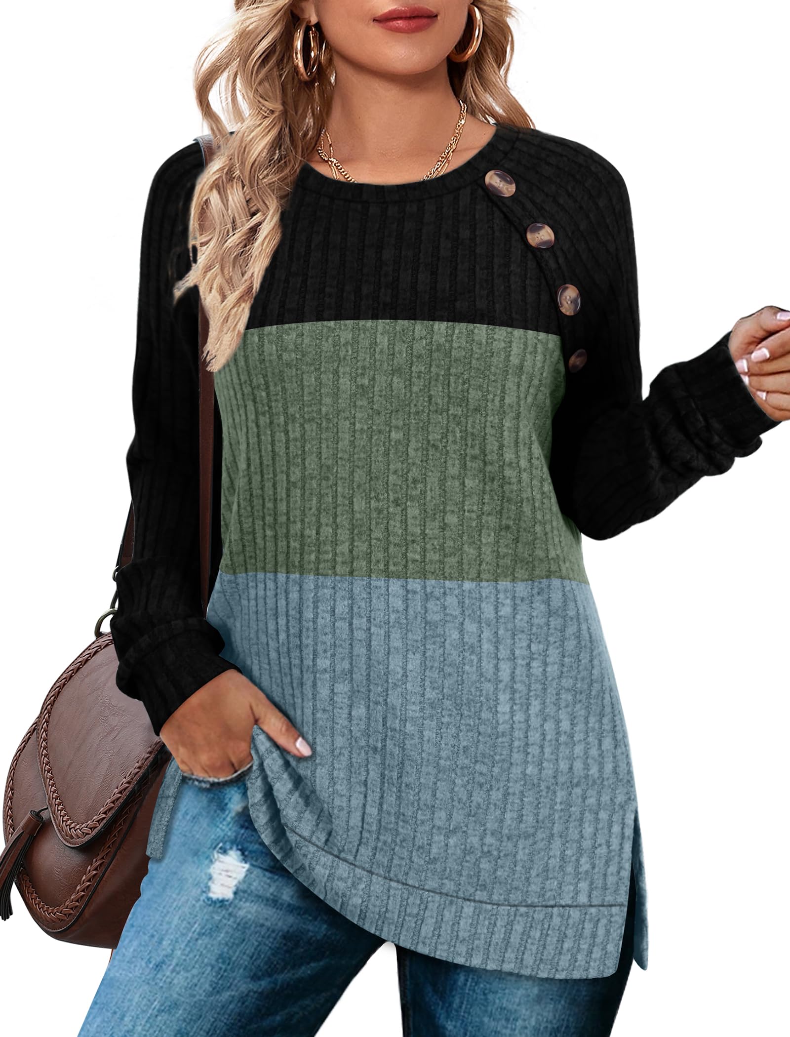 Bofell Long Sleeve Shirts for Women Lightweight Button Decor Tunic Tops Side Split