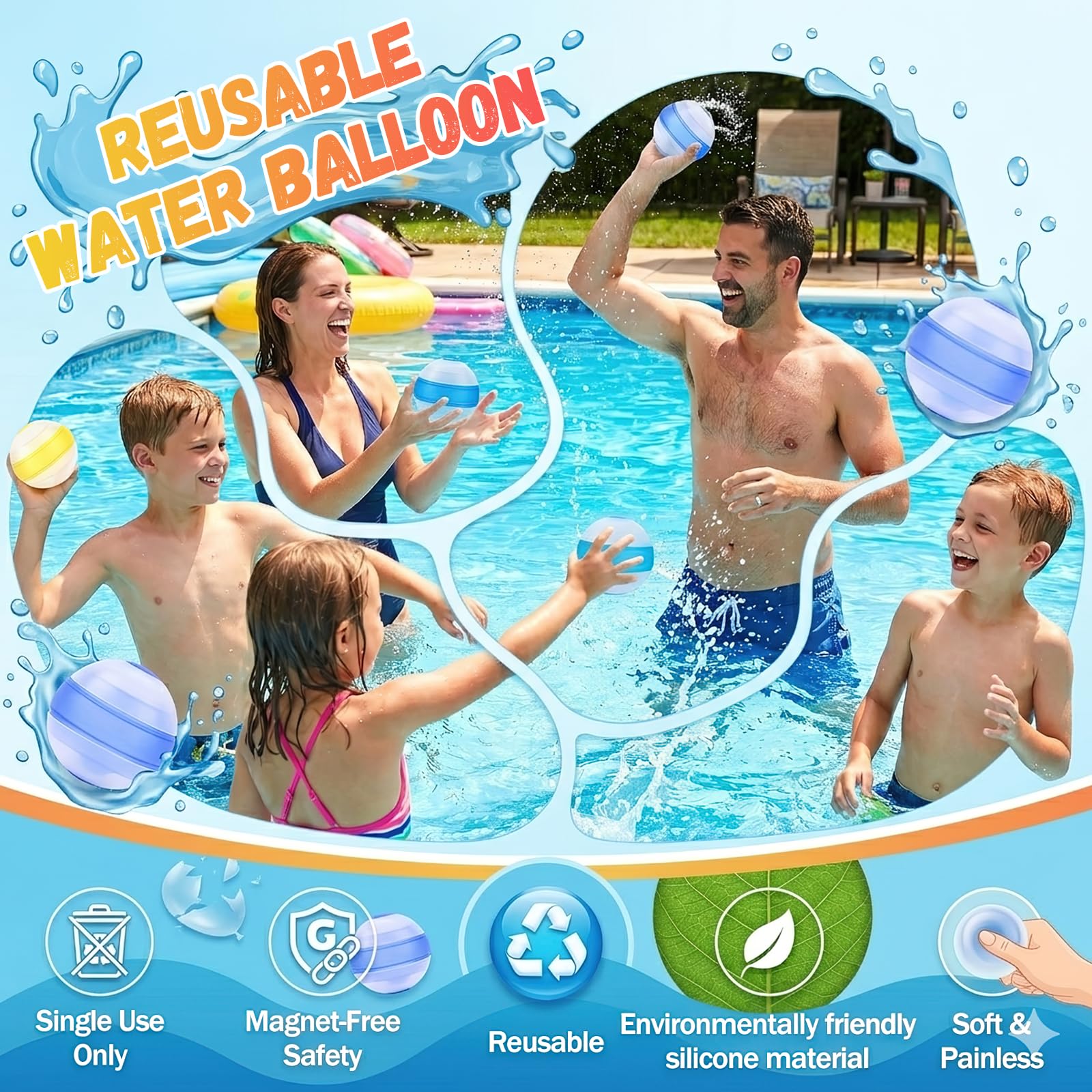 Wasserbomben Wiederverwendbar Silikon, Neues Modell 2026 Wasserballons mit Netzbeutel,Zum Öffnen/Schließen 1 Sekunde lang drücken, Sommer Pool Strand Garten Outdoor (18-Stück)