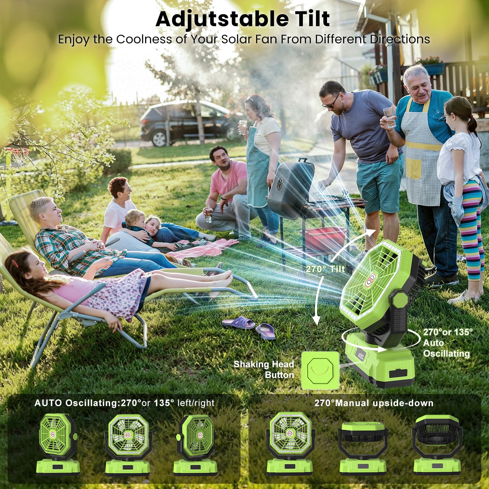 Ventilador Camping con Panel solar de 10 W, Pantalla Digital,Batería de 20000 mAh,Oscilación 270°,Control Remoto,Temporizador, luz LED,Gancho,Ventilador USB Portatil para Exterior y Hogar (Verde)