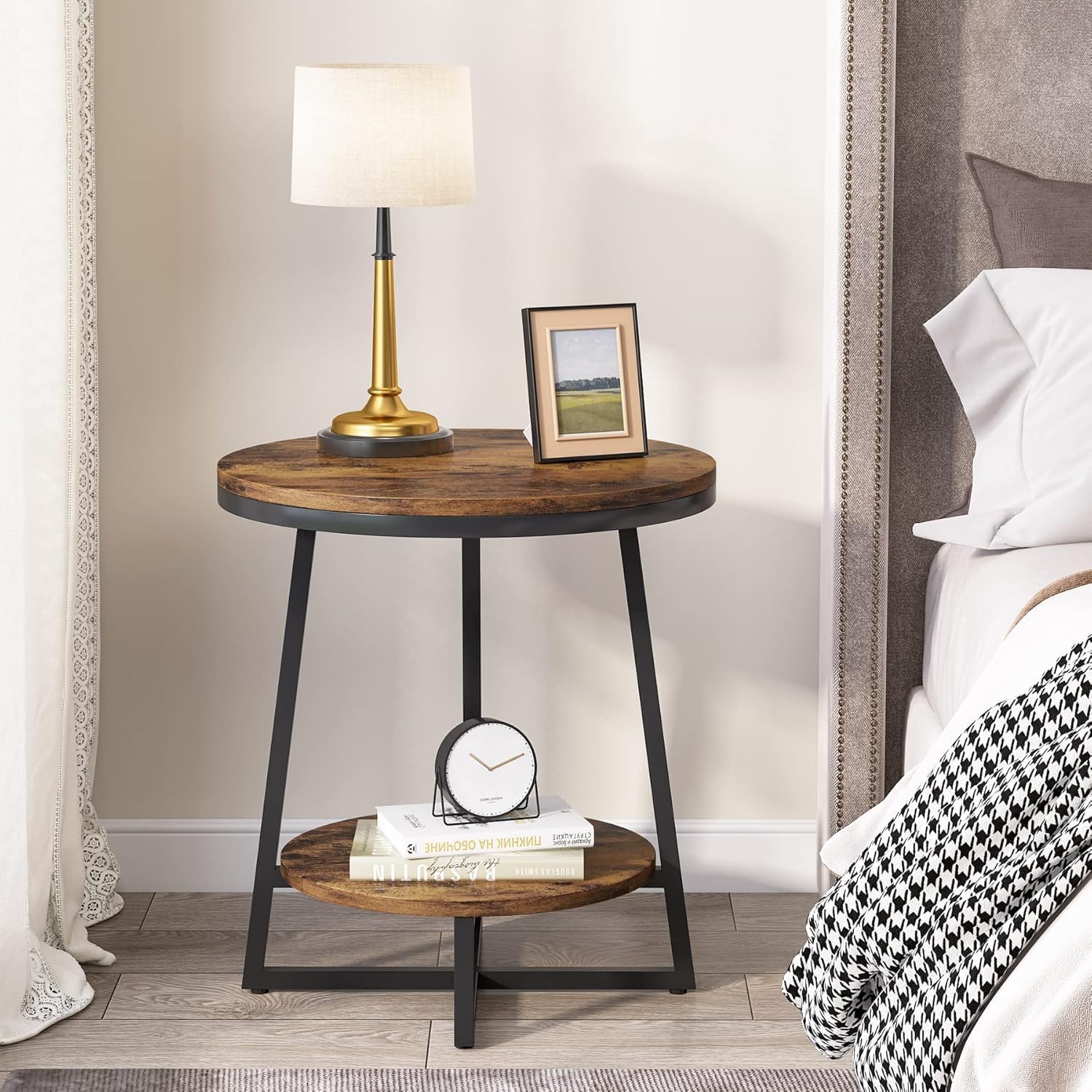 OGFC 36167 End Table, 2 Tier Round Side Table Accent Table for Living Room, Rustic Brown 3