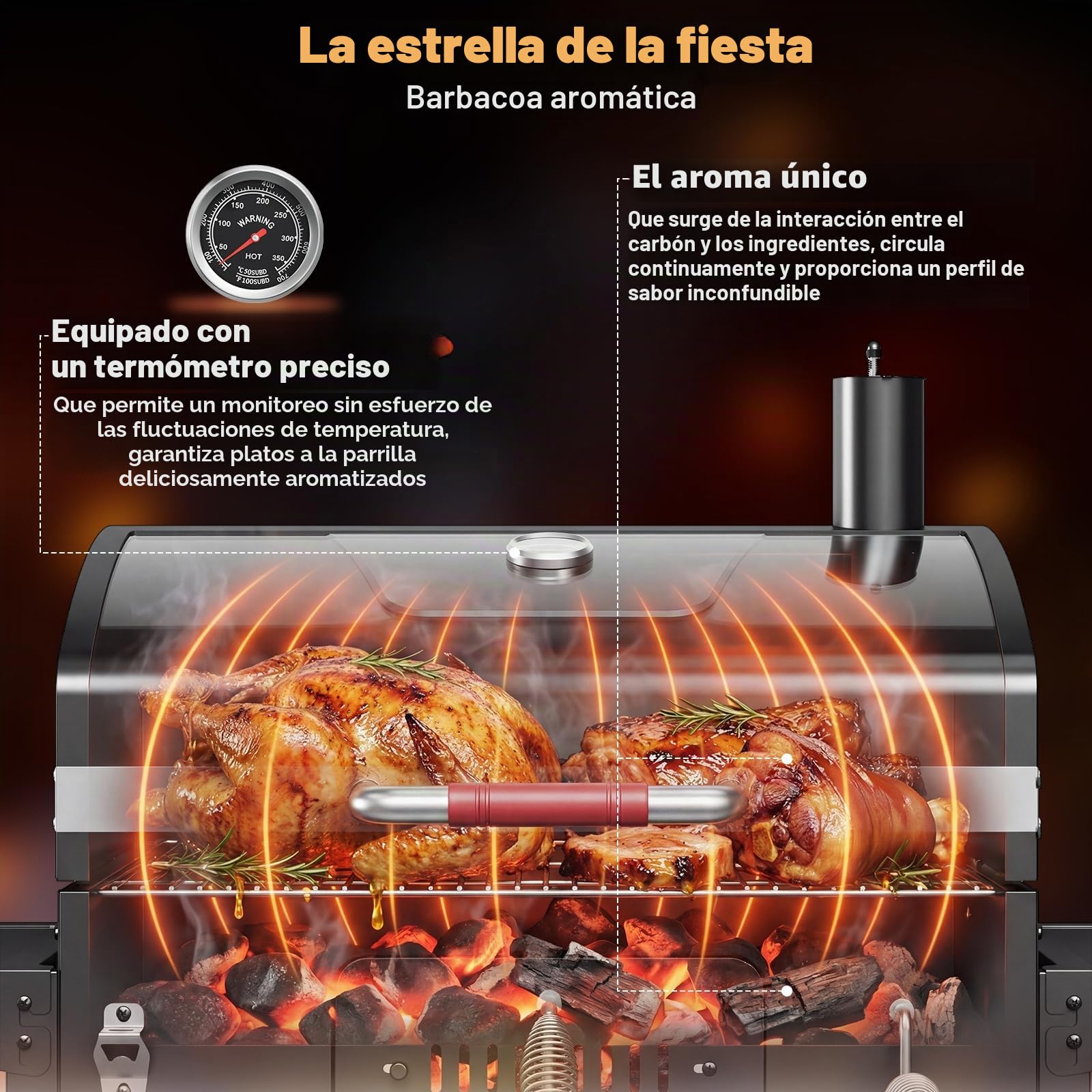 DEVOKO Parrilla de carbón XXL, barbacoas de carbón con tapa, barbacoa grande para balcón, jardín, exterior, barbacoa con parrilla de 71 × 43 cm/termómetro/pinzas para pescado/bandeja para barbacoa