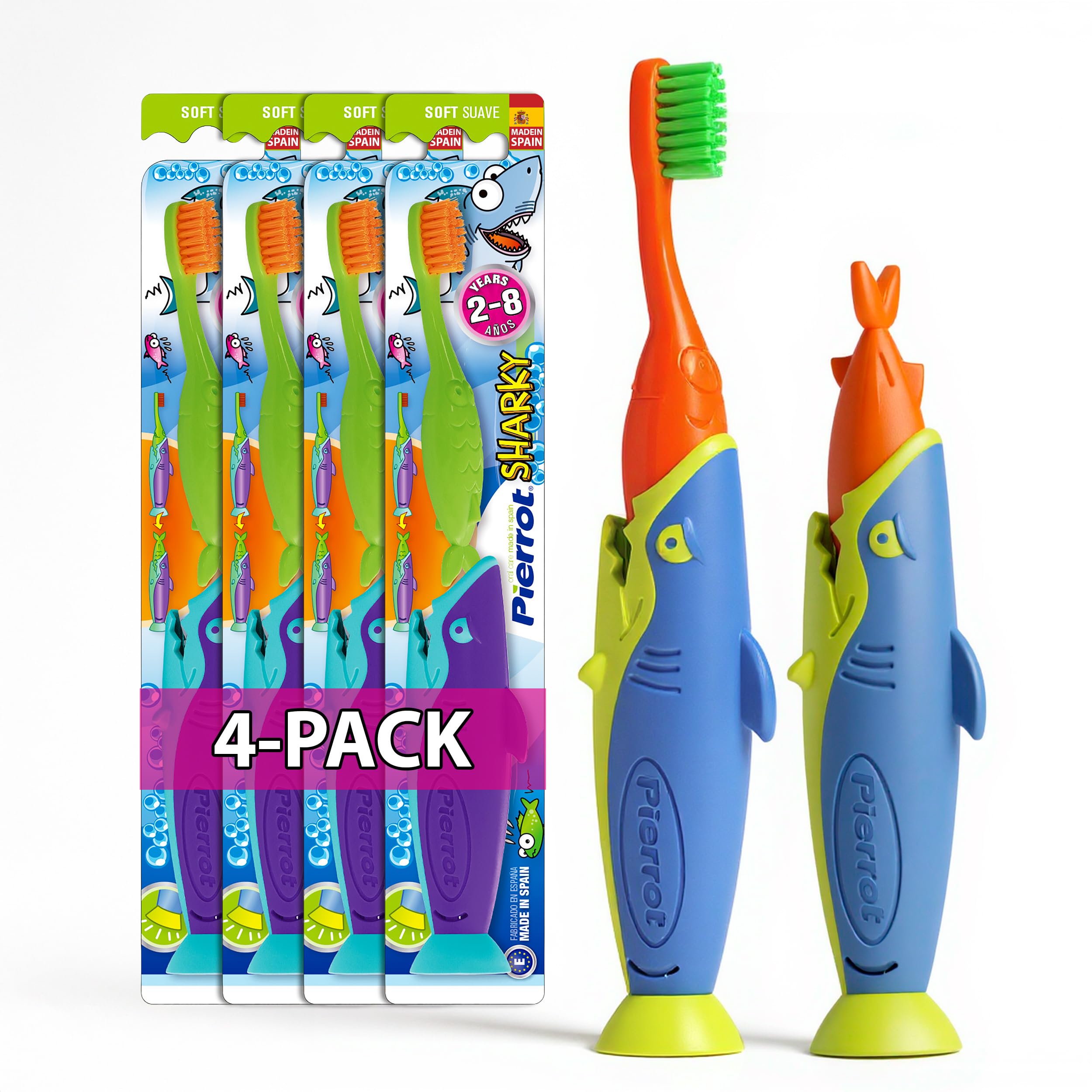 Pierrot Sharky - Spazzolino da denti per bambini, setole morbide per bambini e bambini, manico a forma di squalo, con base a ventosa e tappo, facile da impugnare, spazzolino adatto ai bambini dai 2
