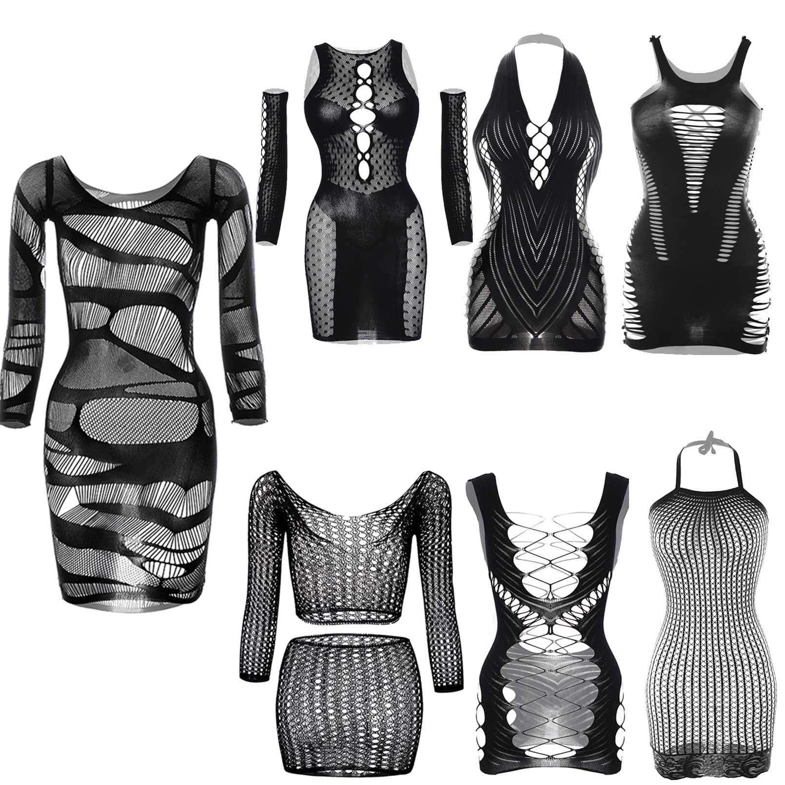 7 Pieces Fishnet Babydoll Lingerie Dress Chemise Bikni Cover Outfit Halter Nightwear Long Sleeve S-XXL