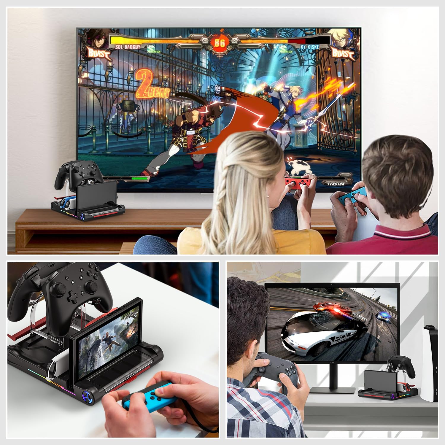 Dock Switch 4K Super Proiezione, Base di Carica Multifunzione, 8 Posti Giochi, 3 USB 3.0/Type-C, Supporto 4 Joy-Con/Pro Grips, RGB, Protegge la Vista Bambini