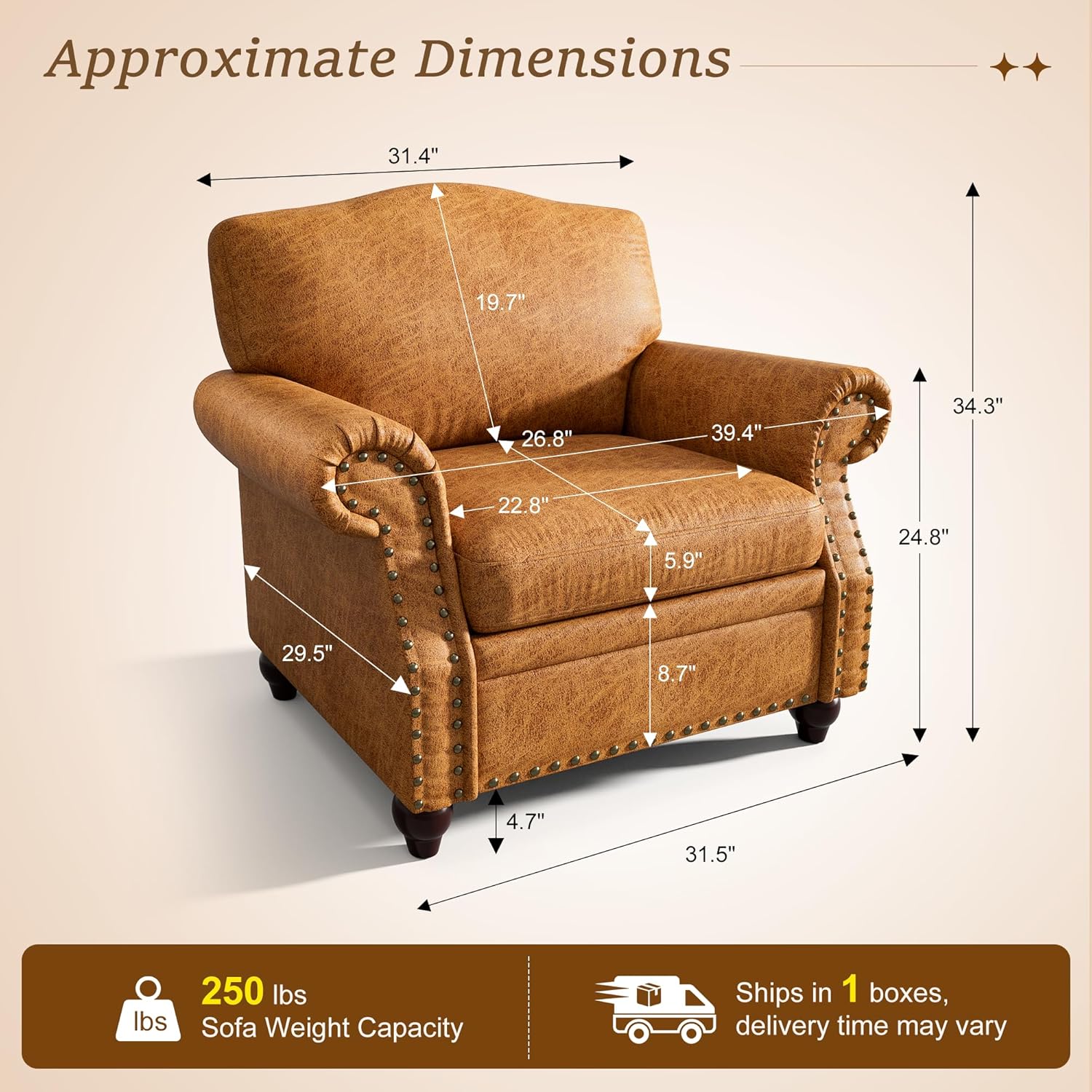 Single Sofa Chair, Faux Leather Nailhead Armchair, Rolled Arm Accent Chair for Living Room, Wood Legs, Traditional Single Couch Chair for Apartment, Farmhouse (Brown, Set of 1)