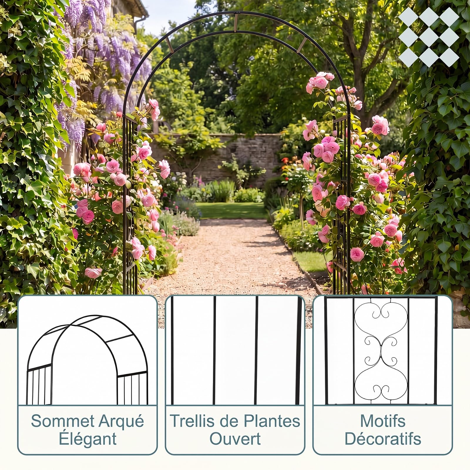 GYMAX Arche de Jardin en Métal, Treillis à Rosiers Extérieure | 117 x 57 x 231 cm, Sommet Arrond, Motifs Décoratifs, Support pour Plantes Grimpantes, Déco pour Pelouse Allée Mariage Fête