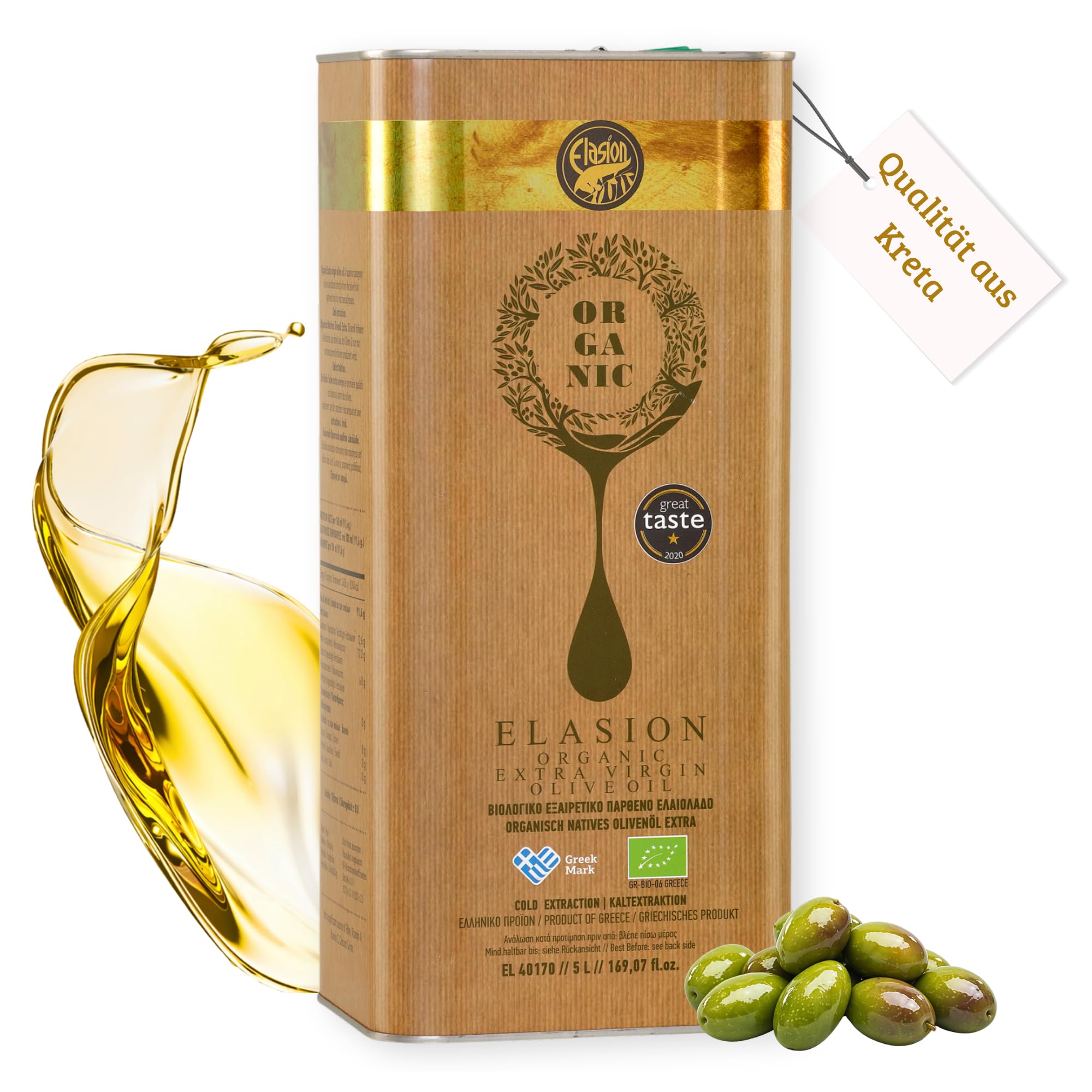 Griechisches Bio Olivenöl Elasion aus Kreta 5,0l Kanister | Extra nativ | Mittelkräftig | Kaltgepresst | 100% Koroneiki Oliven | Bio zertifiziert GR-BIO-06