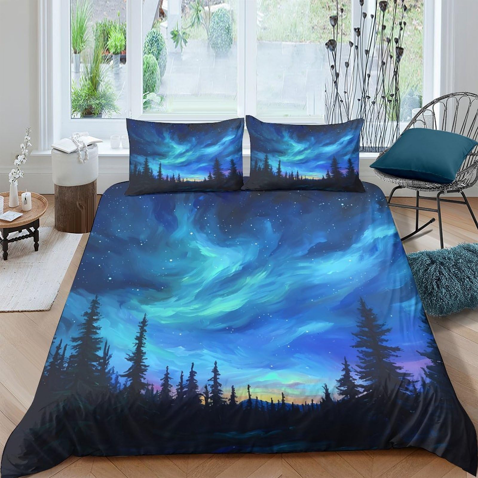 UNRXJZLVM Aurora Forest Duvet Set Microfiber for Bedroom Decor Teens