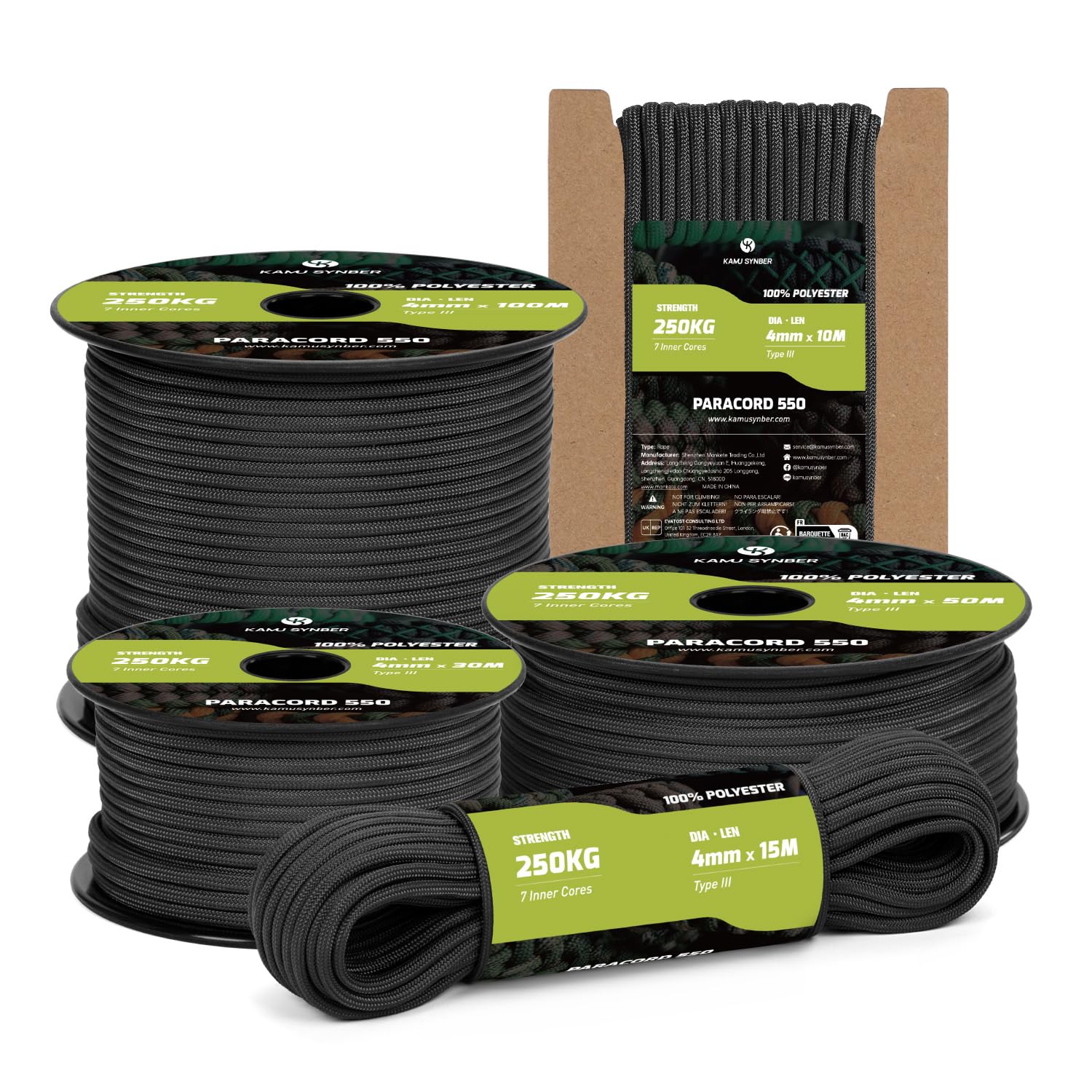 Kamu Synber Black Paracord 550 Type Iii 4Mm 15M 7 Strands 100% Polyester Rope Parachute Cord Ideal For Crafting, Outdoor, Survival | Support 250Kg |