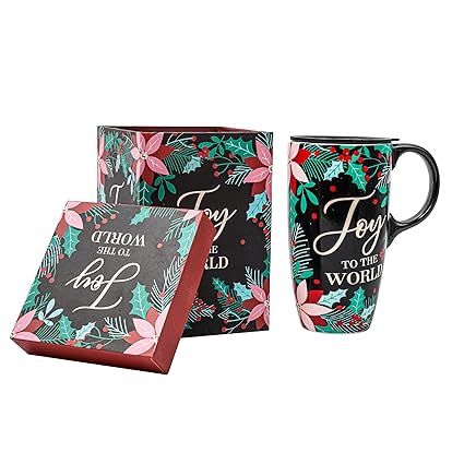 Topadorn Coffee Ceramic Mug Porcelain Latte Tea Cup With Lid in Gift Box 17oz., Christmas Joy Mug.