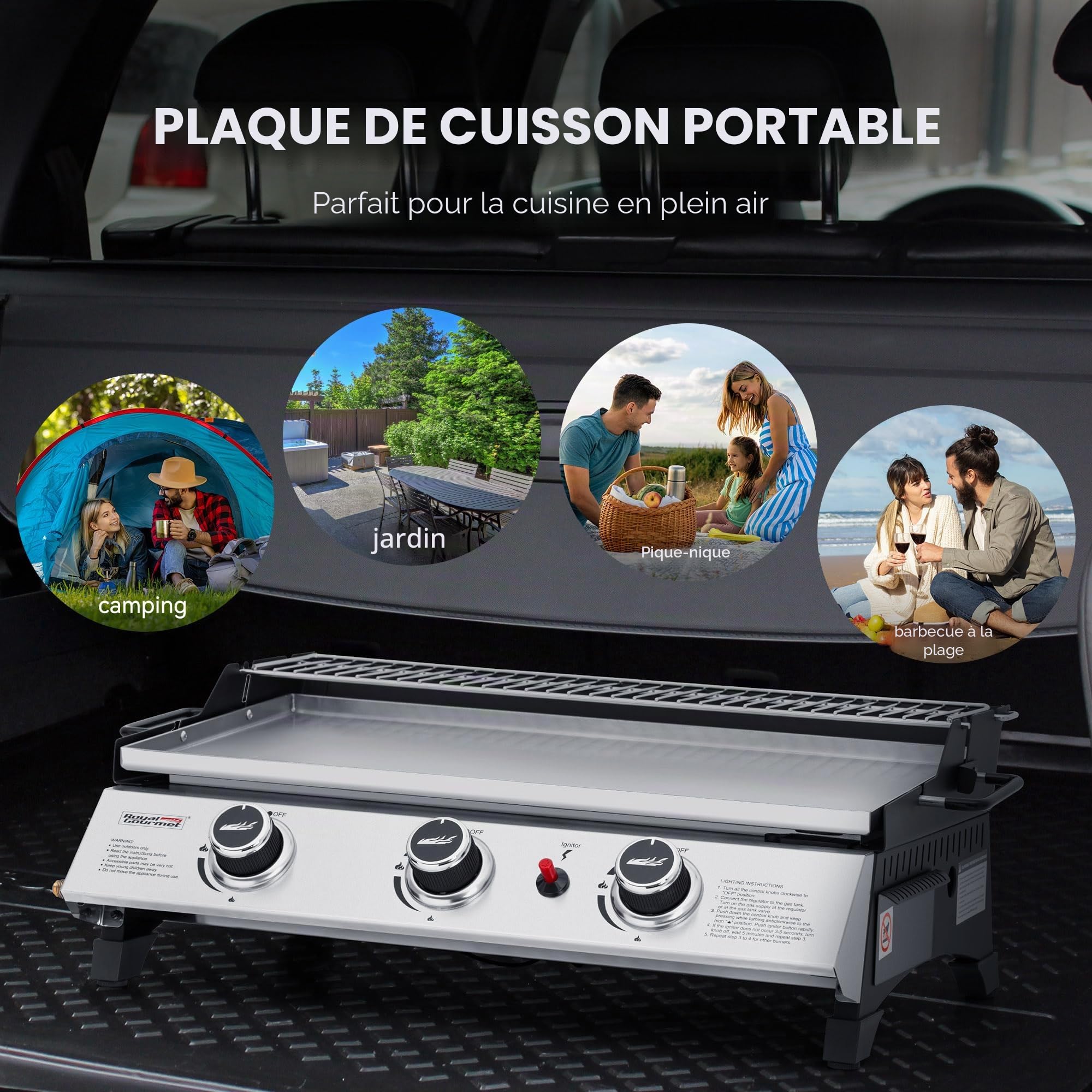 Royal Gourmet PD1303S – Plaque de cuisson à gaz portable de 61 cm avec plaque amovible pour barbecue au propane à 3 brûleurs, idéale pour la cuisine en plein air, comprend une grille chauffante et une