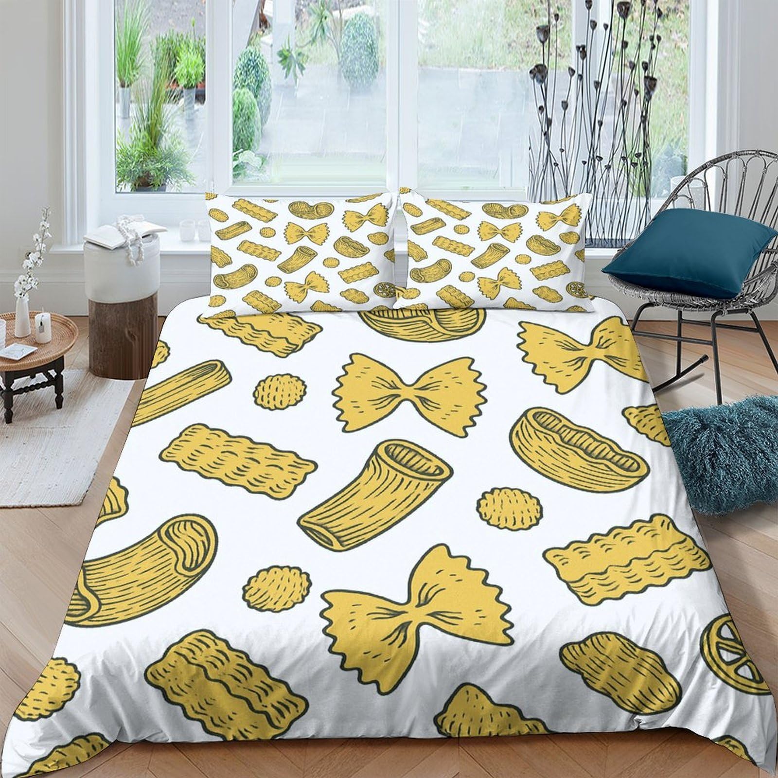 Ctjqhvkz Style-7 3D Printed Pasta Pattern Fitted Sheet Microfiber Soft Yellow Macaroni Bed Cover For Bedroom Dorm Mattress Decor Single（135X200cm）