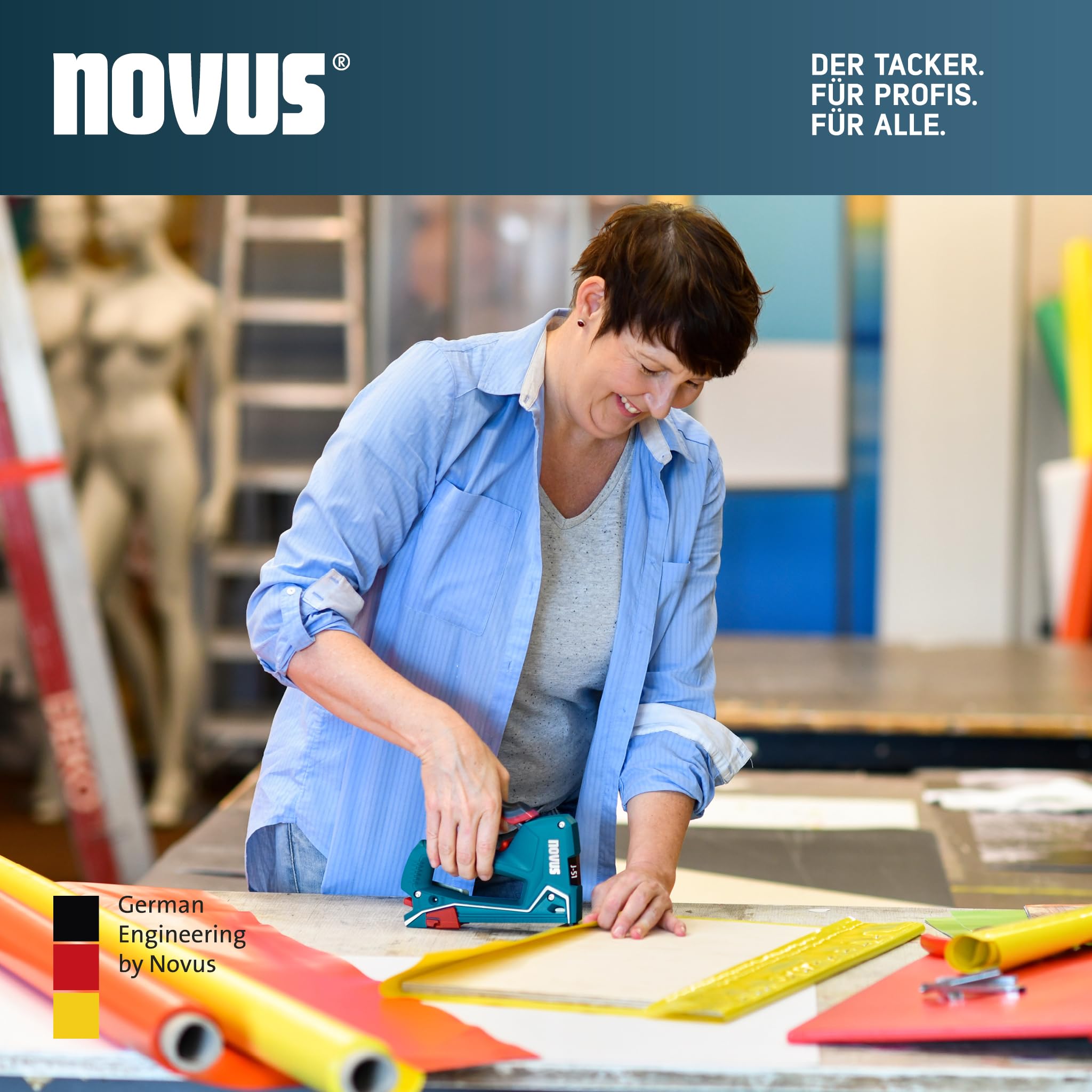 NOVUS TOOLS Zszywacz ręczny J-51 zestaw z 1200 zszywkami │ wytrzymały, lekki aluminiowy zszywacz do drewna do mocowania folii i listew ozdobnych │ do gwoździ 16 mm i zszywek płaskich 6-14 mm