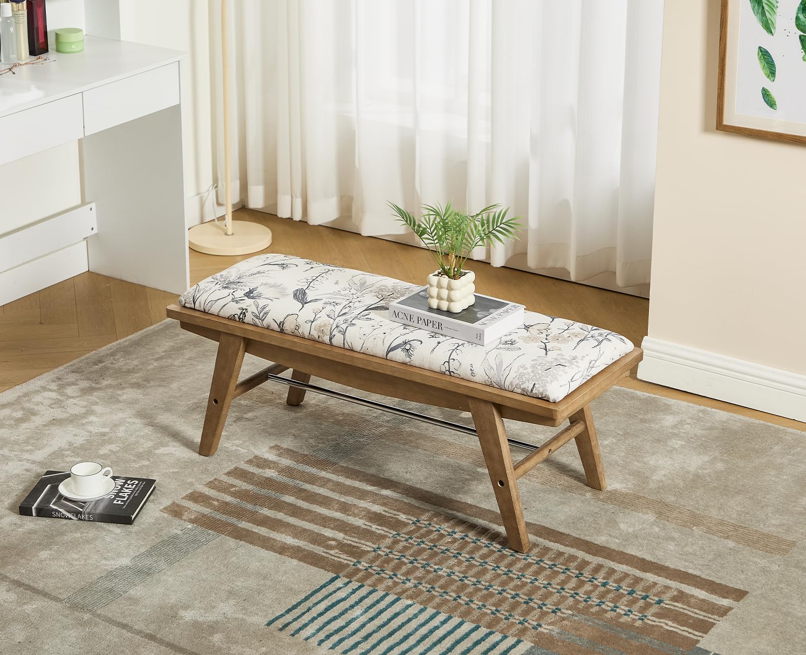 Banc Bois Massif et Lin Banc Ottoman Confortble Banquette d'Entrée Style Rétro pour Chambre Salon, Beige Patten