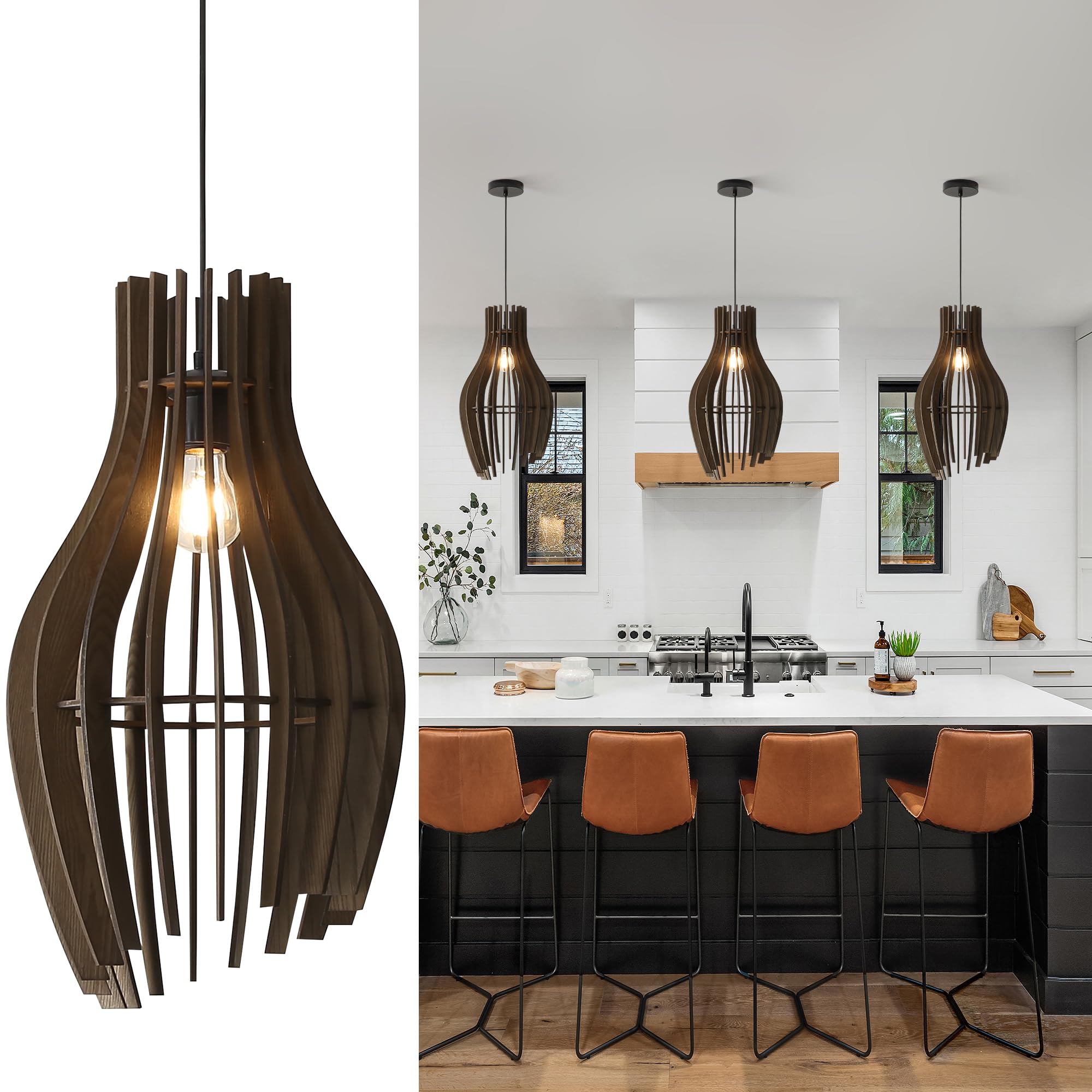 Vintage Wood Pendant Light Fixtures, Modern Farmhouse Walnut Dining Room Chandelier, Mid-Century Ceiling Mount Hanging Light Fixture for Kitchen, Bedroom, Living Room, Foyer, Art Decor, Black