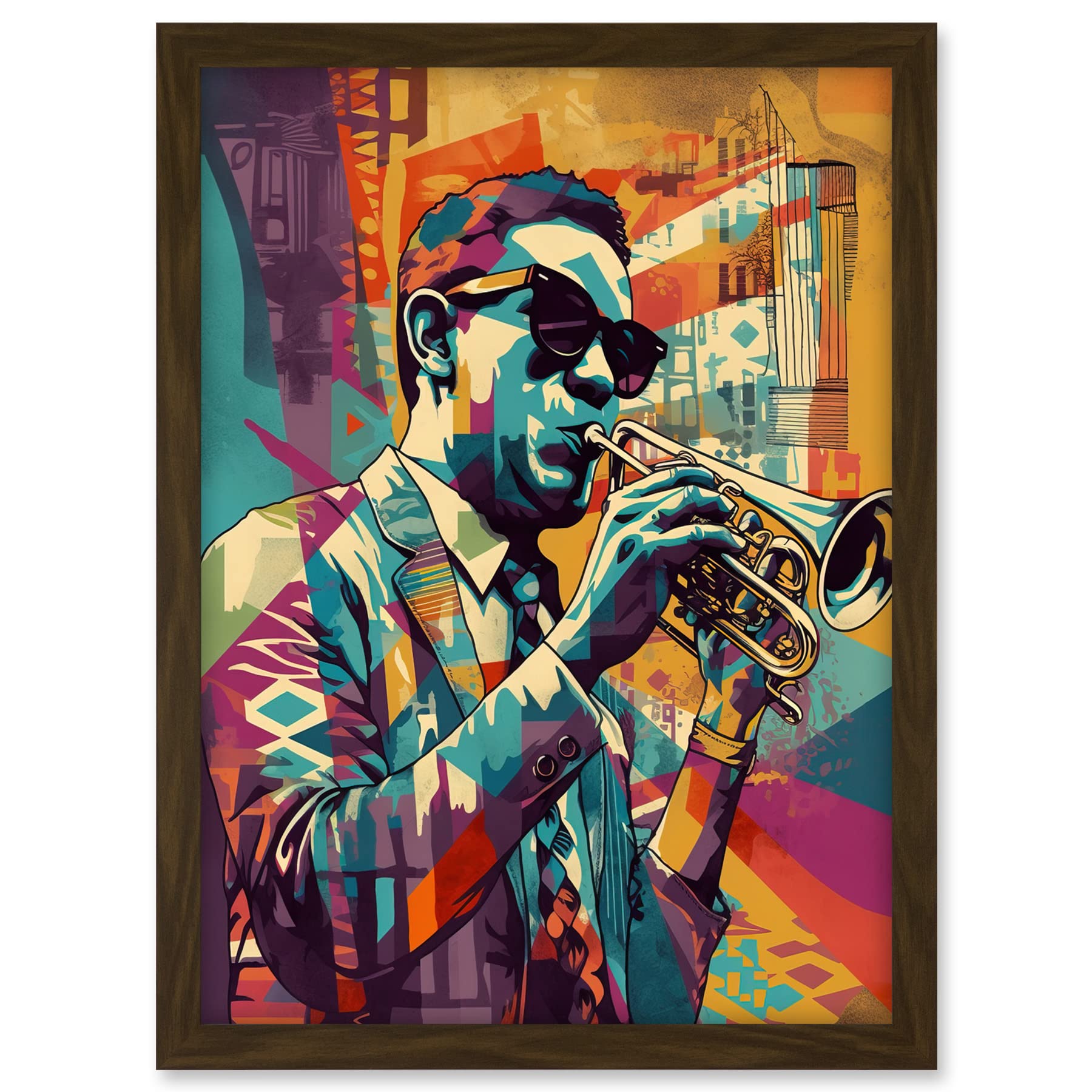Artery8 Trumpet Player Jazz Musician with Sunglasses Modern Colour Linocut Print Artwork Framed A3 Wall Art Print