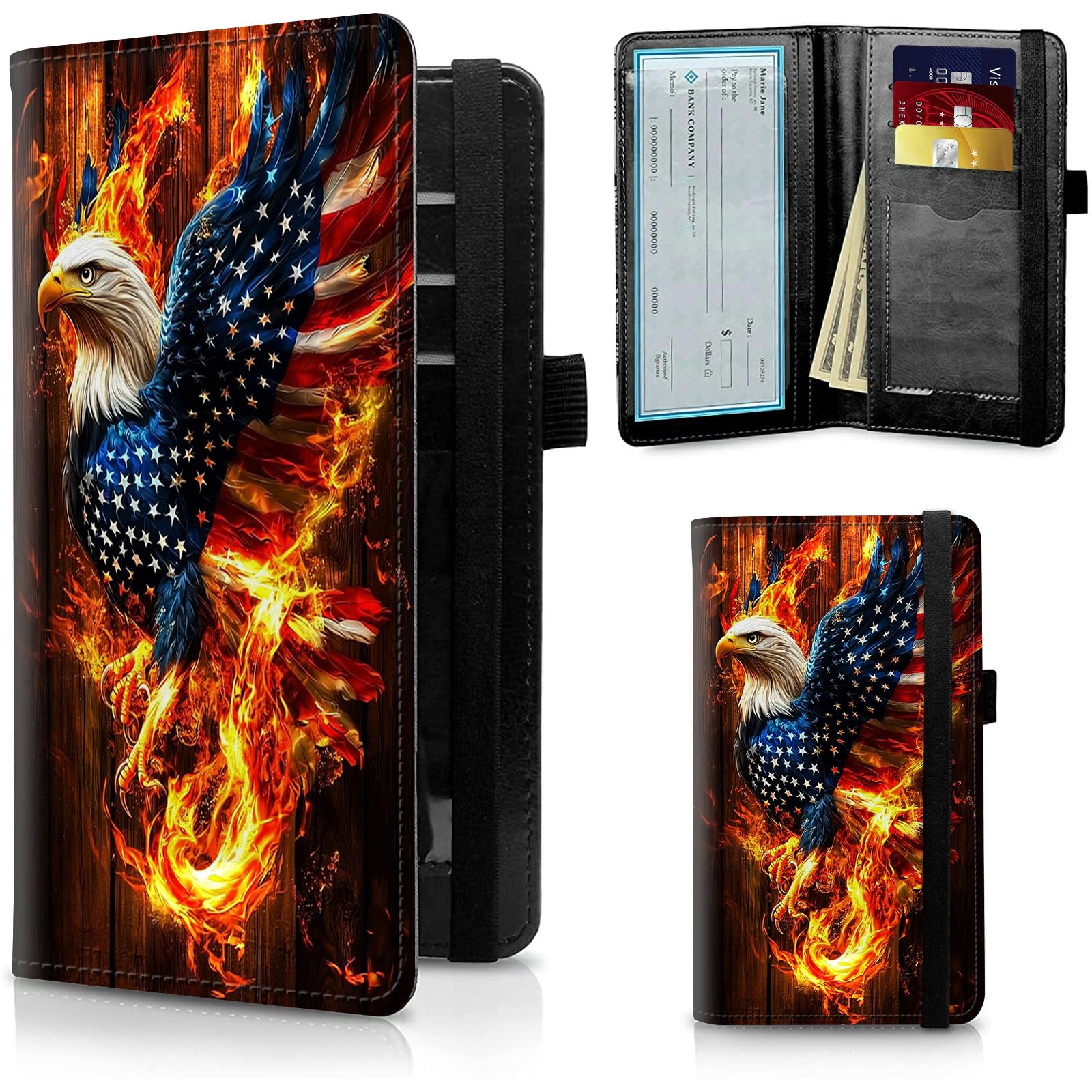 FUYOCWE Checkbook Covers for Personal Checkbook,Leather Checkbook Cover for Business/Personal Checks,RFID Blocking Check Book Cover Holder Wallets for Men Women-American Eagle Rebirth of Fire