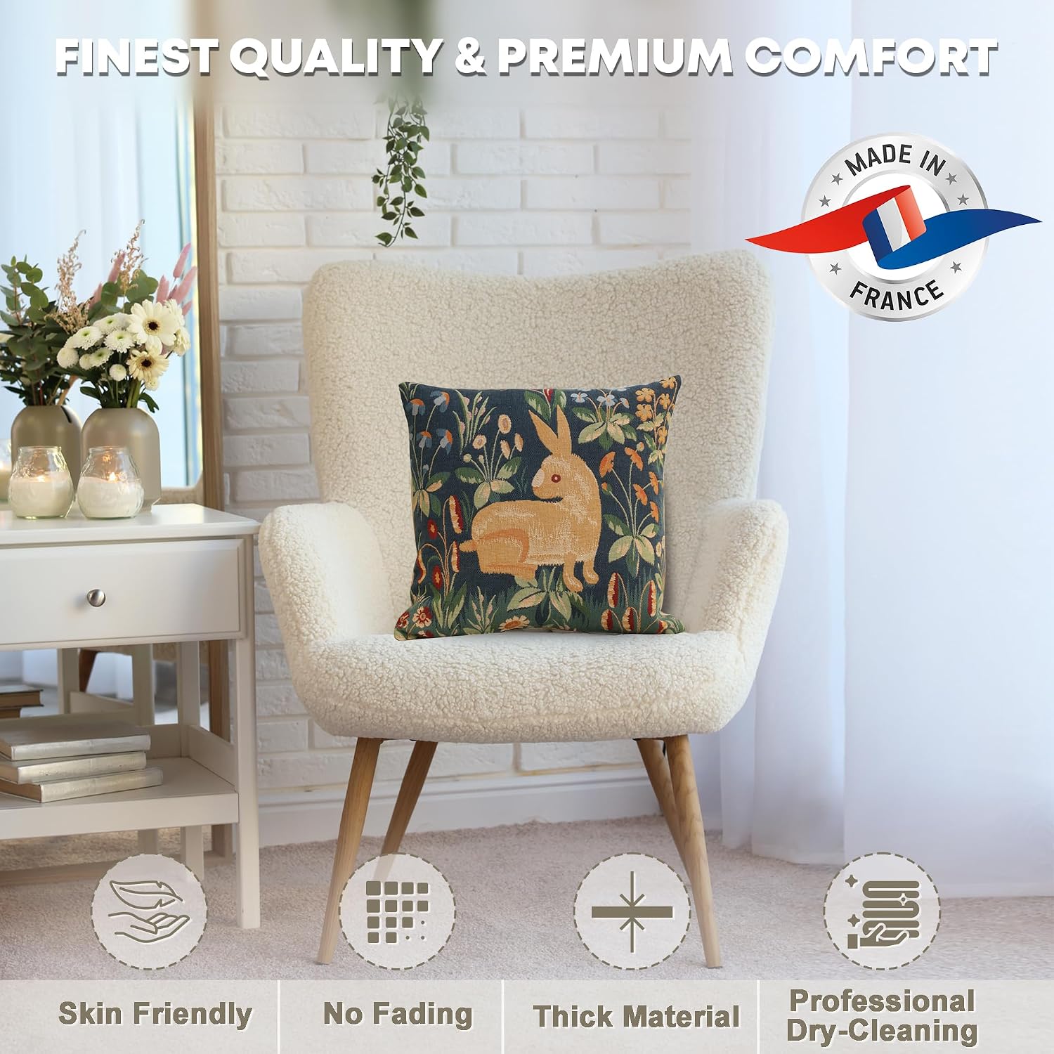 Charlotte Home Furnishings Decorative Spring Throw Pillow Cover 19x19 in, Rabbit Blue French Country Sofa Cushion Case, Home Decor Cozy Tapestry Pillow Cover, Soft European Cotton Jacquard Woven