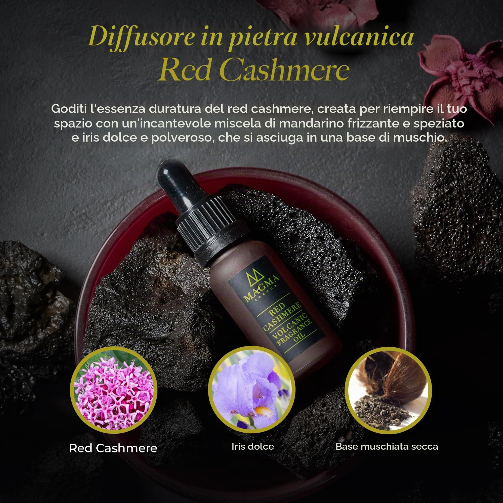 Diffusore di roccia vulcanica - Cashmere rosso - Mandarino frizzante e speziato, Iris dolce in polvere, cremoso e sottile con una base di muschio - Decorazione casa e ufficio