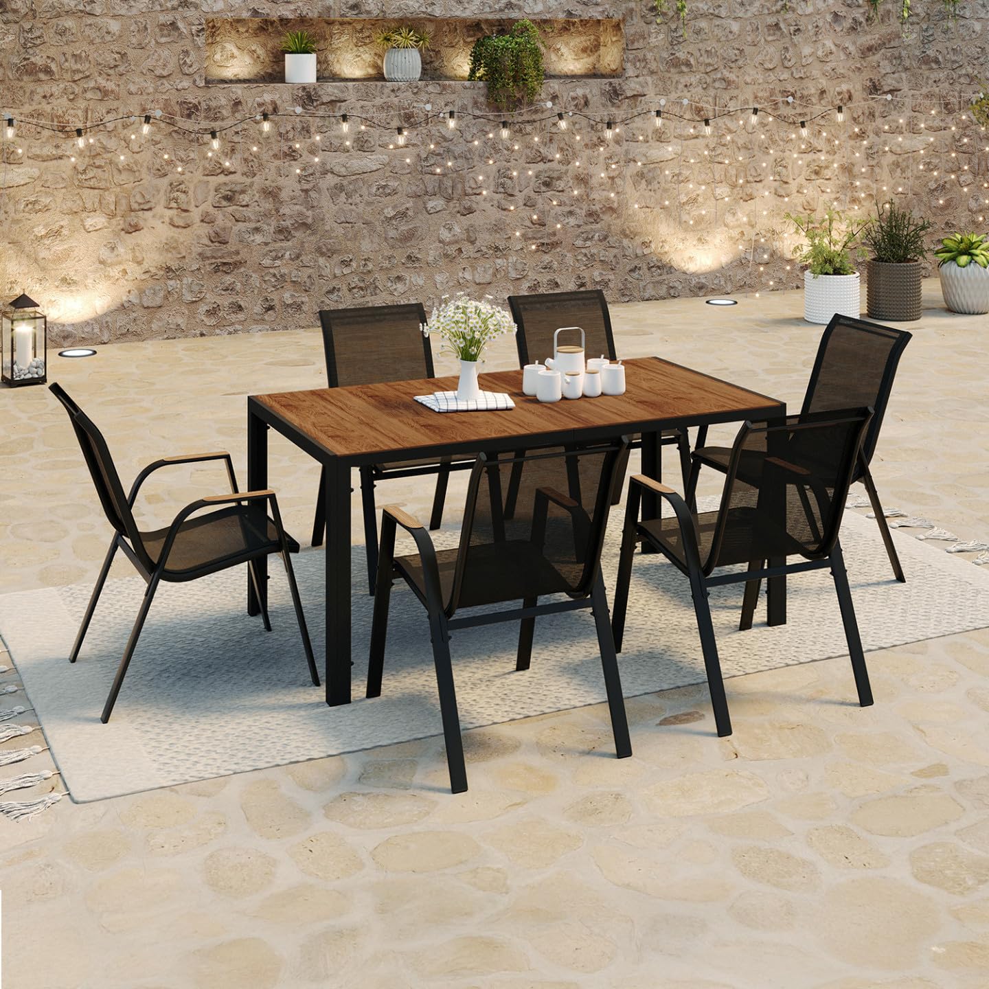 IDMarket - Salon de Jardin NOUMEA Table 150 cm Plateau Verre trempé Effet Bois et 6 chaises empilables Noir et Bois
