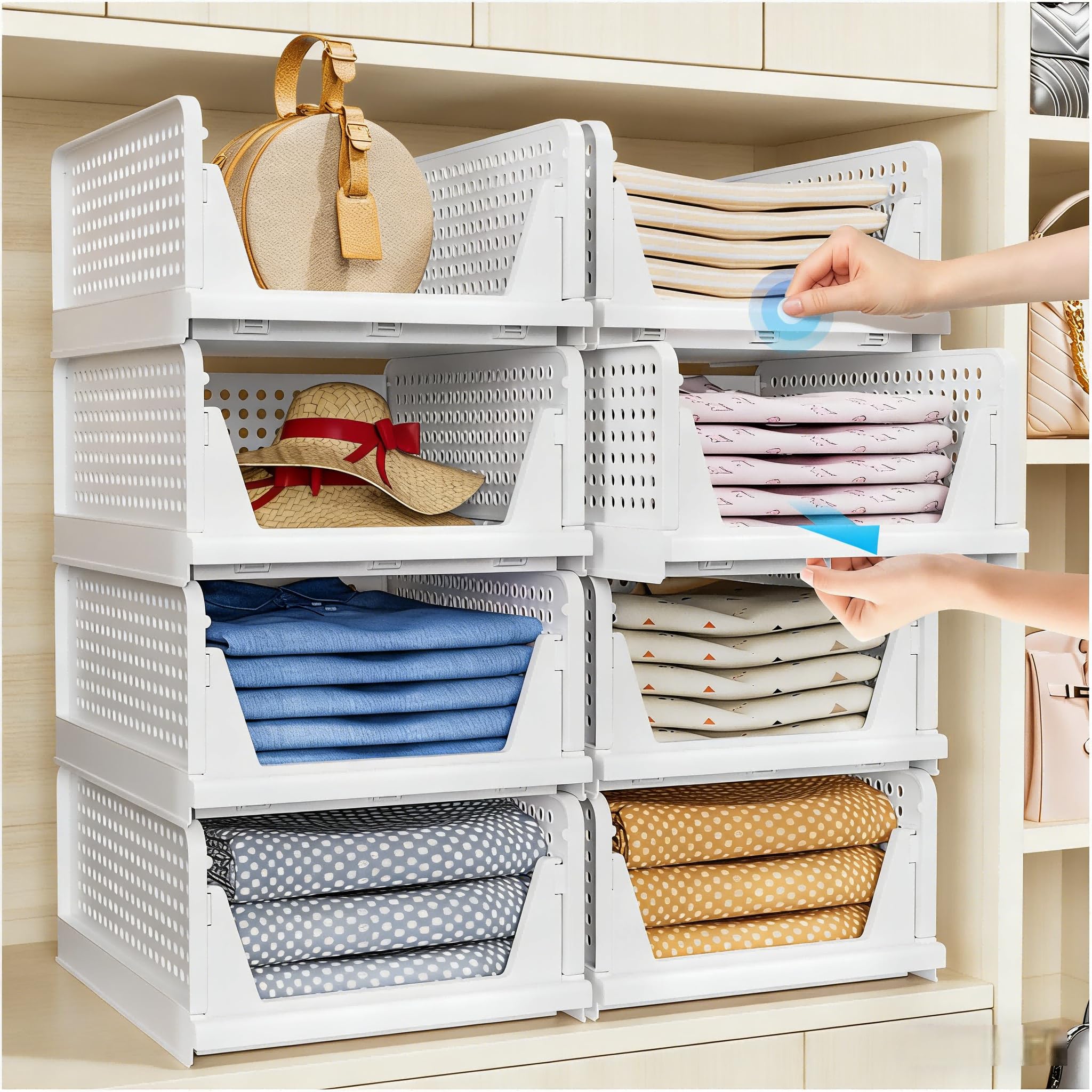 4 Pack Foldable Closet Organizer, Stackable Storage Boxes, Plastic Storage Baskets, Drawers for Bedroom, Kitchen and Bathroom Organization, White