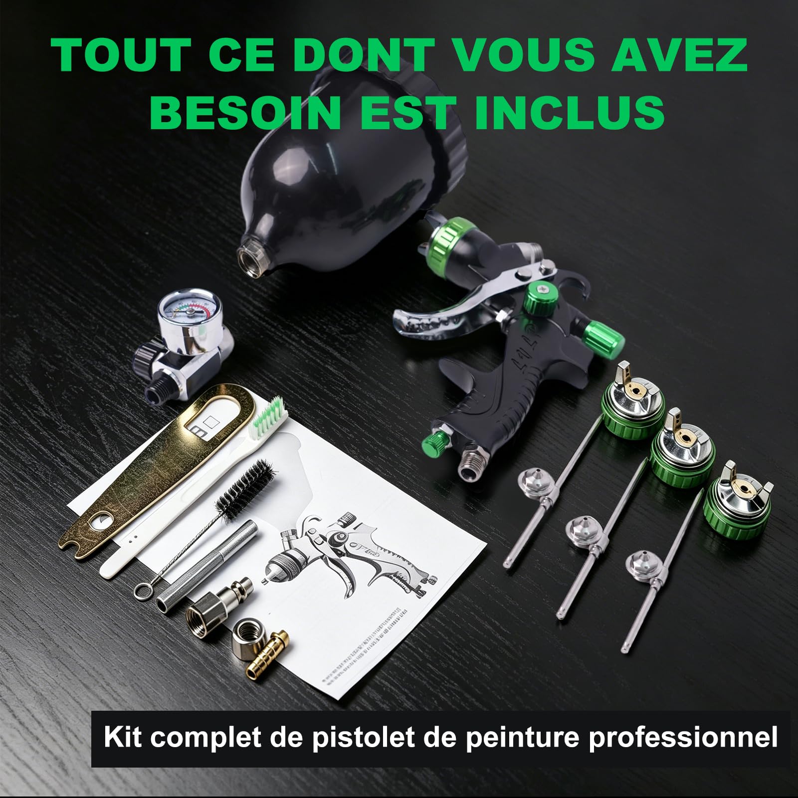 LVLP Pistolet à Peinture Kit, éQuipé de Buses de 1,3/1,7/2,0 mm Et d'un ManomèTre, Kit de Pistolet à Peinture à Alimentation par Gravité, Adapté à La Peinture Automobile