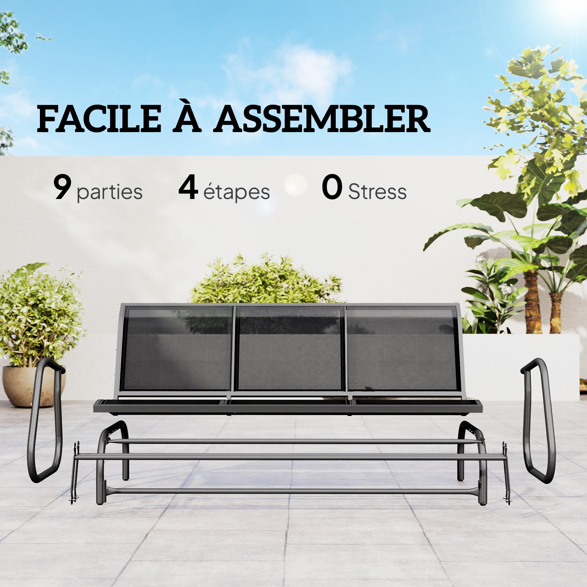 Outsunny Banc à Bascule de Jardin Extérieur 3 Places - Noir