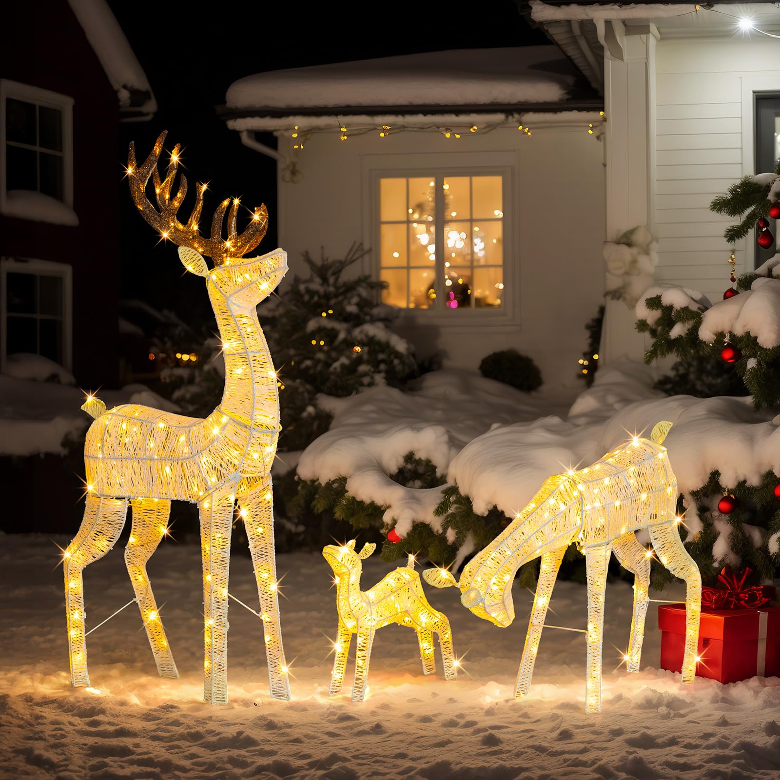 Bonnlo 3-Piece Lighted Reindeer Christmas Decorations Set, 5FT /150cm Pre lit Reindeer Outdoor with 280 LED Warm White Lights, for Garden Holiday Decor（White)