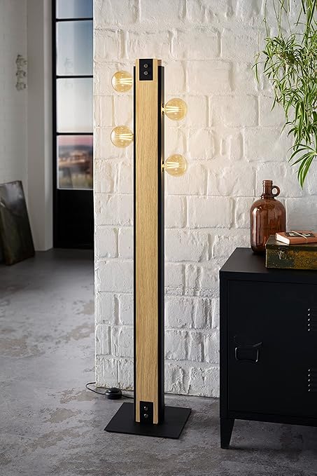 Eglo EGLO Layham vloerlamp, 4-lichts vloerlamp, vintage, industrieel, retro, vloerlamp van staal, hout en textiel, woonkamerlamp in zwart en wit, lamp met voetschakelaar, E27-fitting photo 2