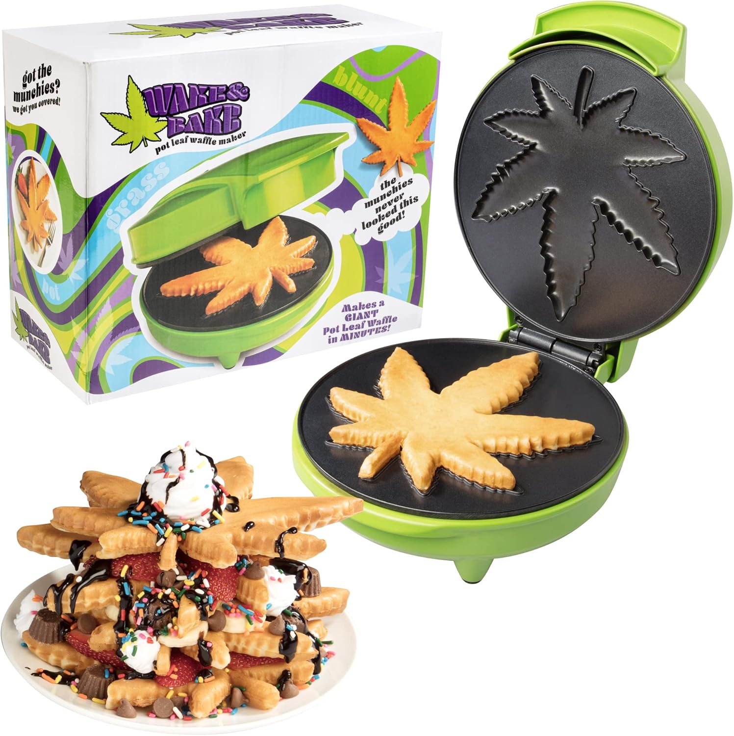 Marijuana Pot Leaf Waffle Maker- Make Your Own DIY Giant Weed Shaped Pancakes or 420 Edibles- Electric Non Stick Waffler Iron, Pan Cake Baker- Funny Novelty Gift or Dessert Treat for Cannabis Lovers