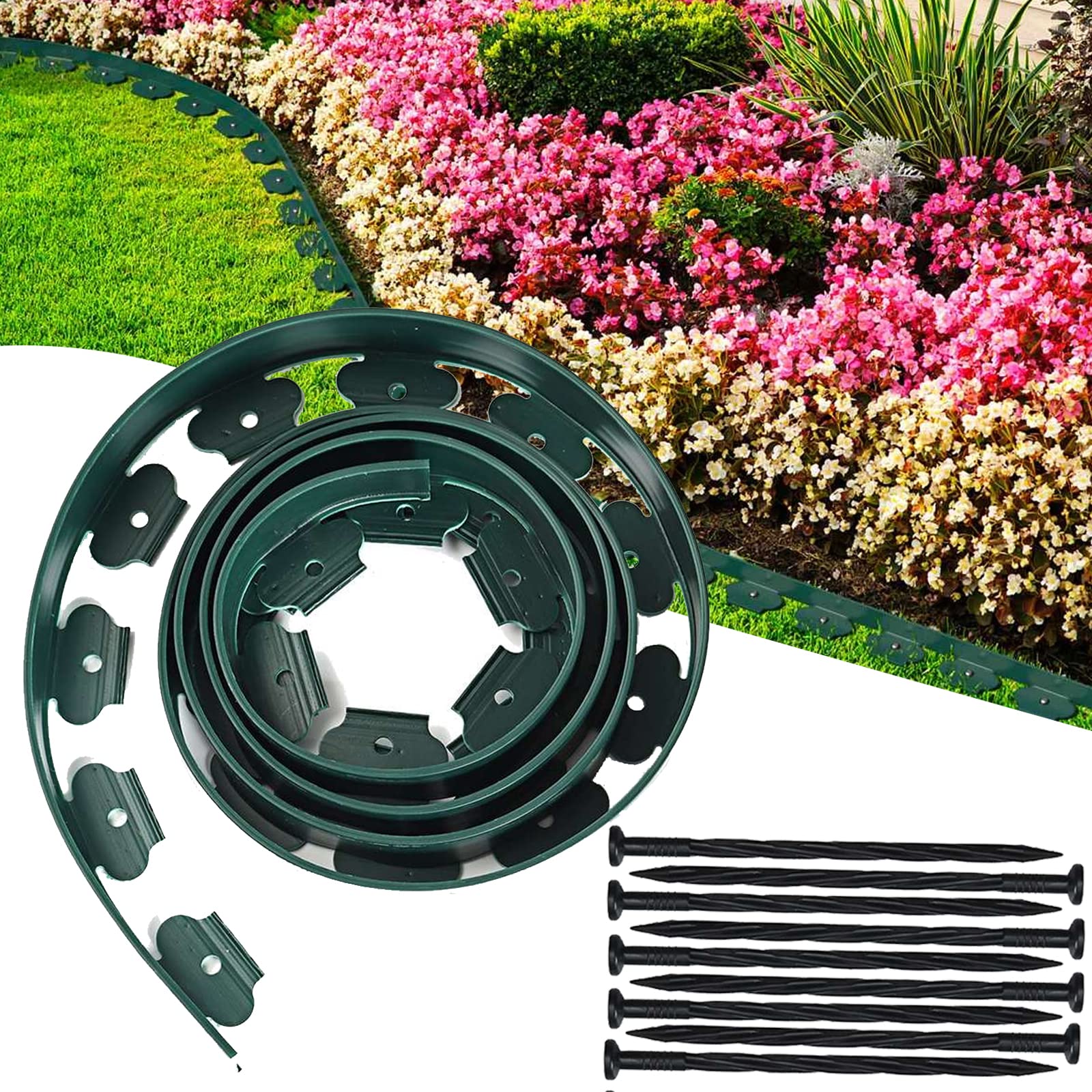 SAHRY Flexible Lawn Edging Border, No-dig Plastic Landscape Edging, Garden Edging Border with Securing Pegs, Grass Border Roll for Flower Gardens,Yard,Green-30m