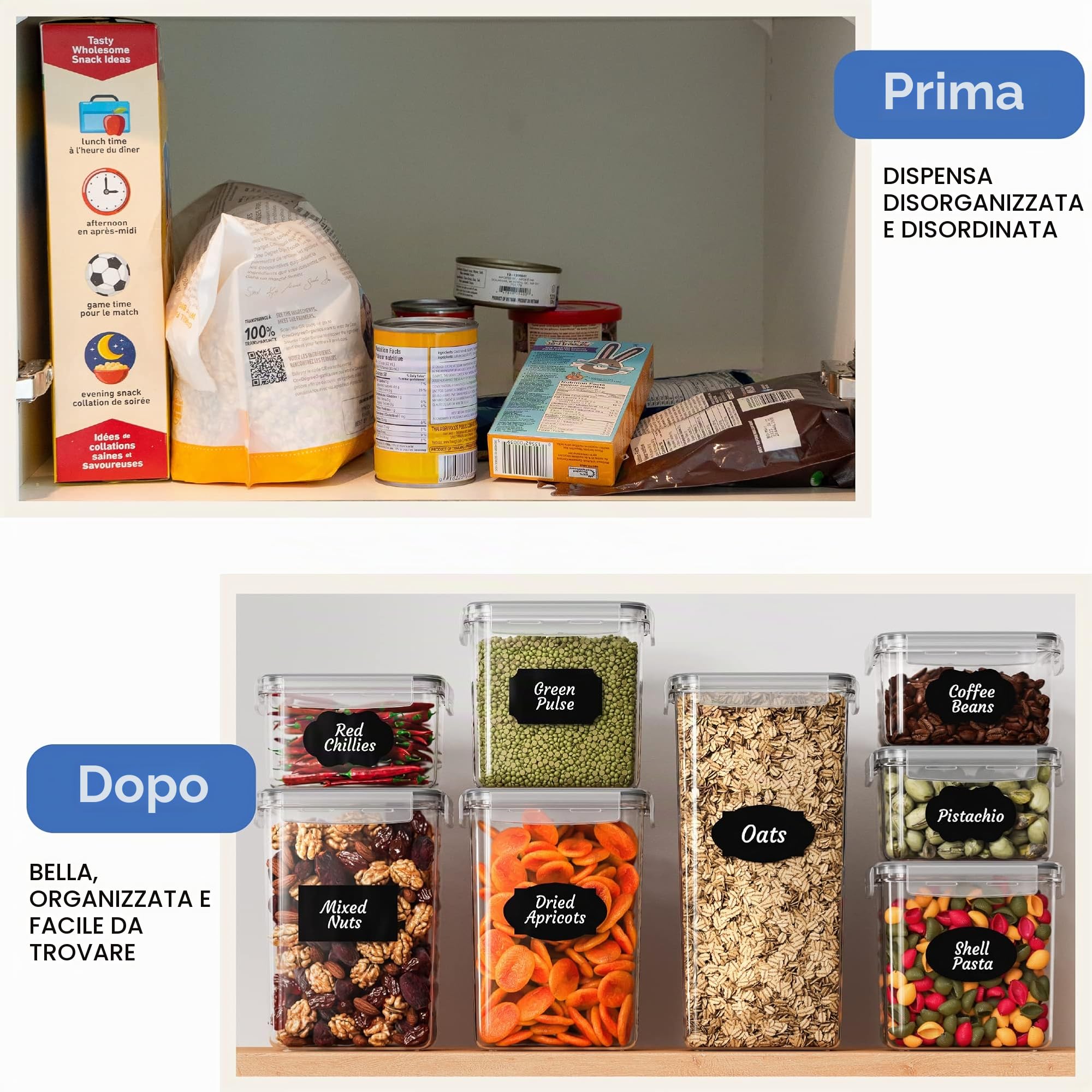 Set di contenitori ermetici per alimenti, 24 pezzi, per organizzazione cucina e dispensa, senza BPA, contenitori in plastica con coperchi resistenti, ideali per cereali, farina e zucchero, set di