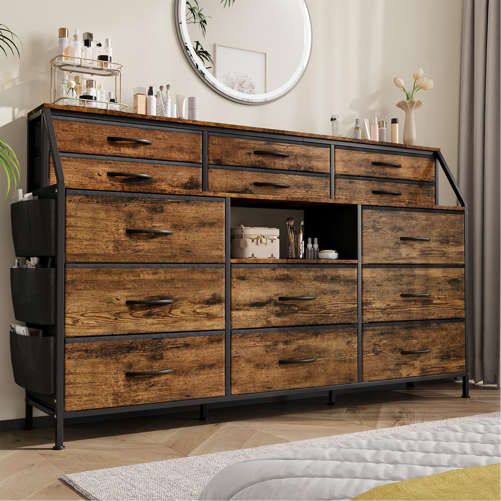 Dresser for Bedroom with 14 Drawers, 55" W Dresser with Side Pocket, Fabric Dressers & Chests of Drawers with Shelves, Sturdy Frame, Wood Top
