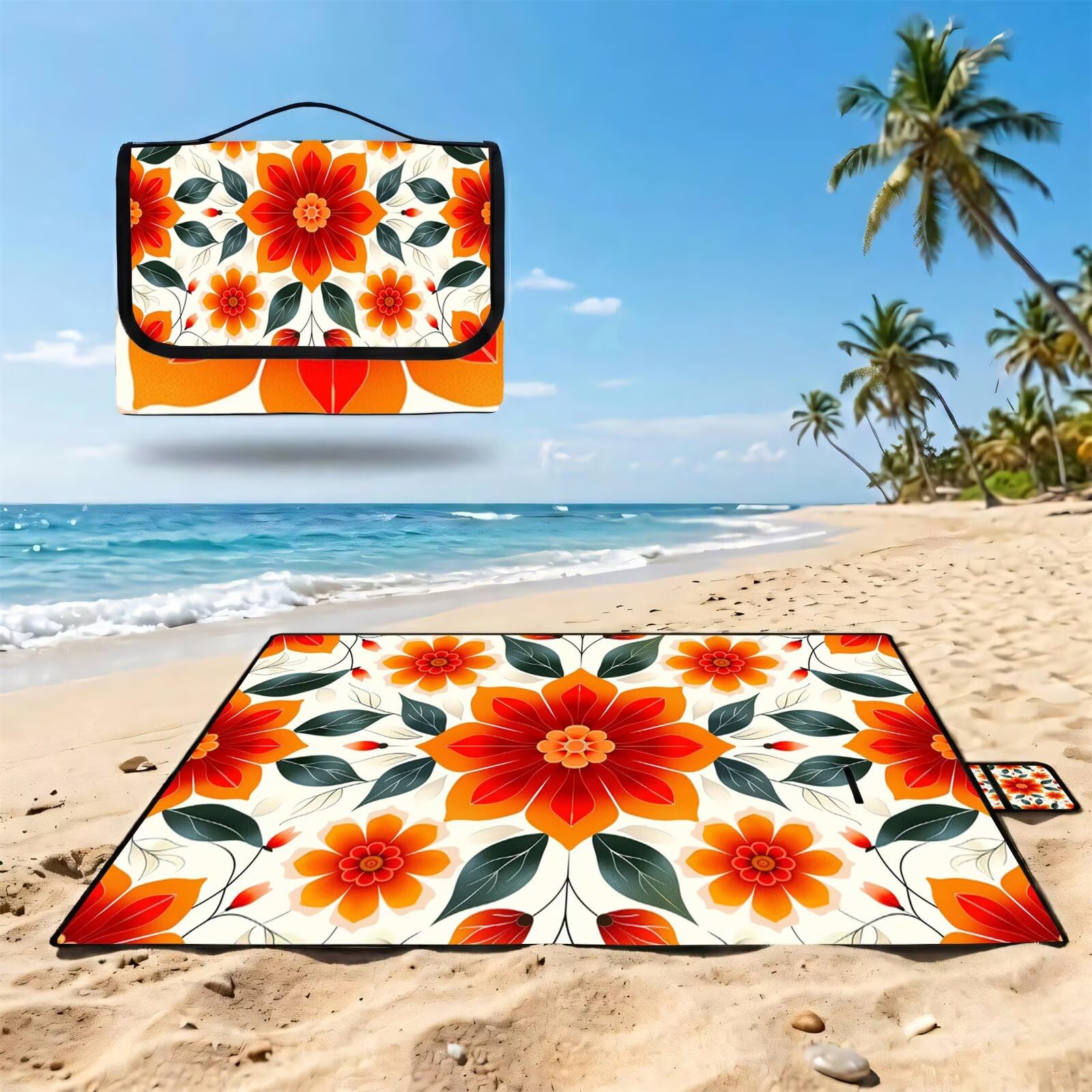 Couverture Pique Nique Grande 200x300cm,Outdoor Couverture Imperméable,Pliable Tapis de Plage Dos en PVC Anti-Sable,Picnic Blanket pour Camping Accessoires,Jardin,Parc - Rouge,Plantes (2) UZ-689