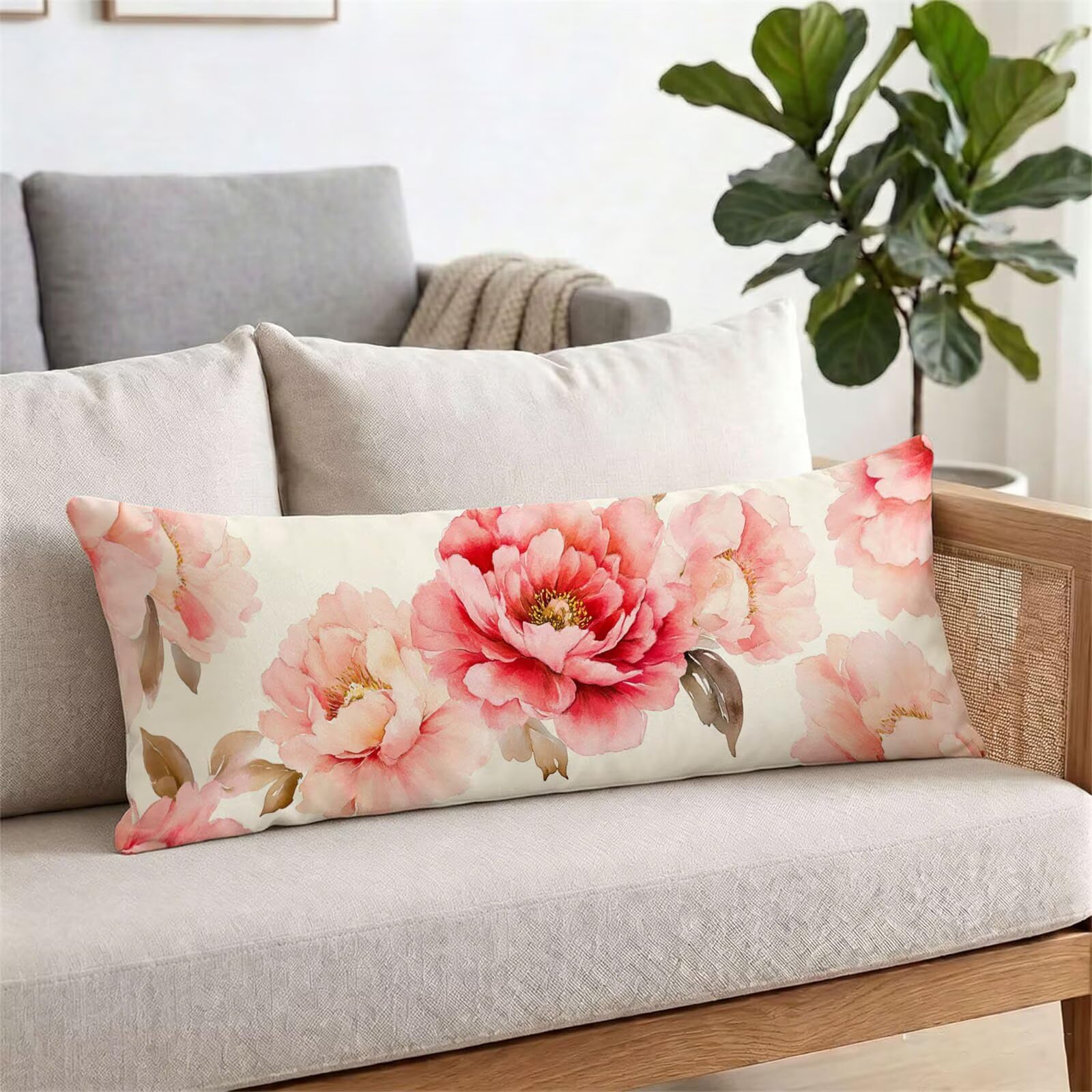 Funda de Almohada 60 x 180 cm Rosa Protector Almohada 180 cm con Cremallera Invisible, Lino Durable y Transpirable Pillow Case Largas Peonía Impresión a Doble Cara para Cama, Sofá y Dormitorio dg-315