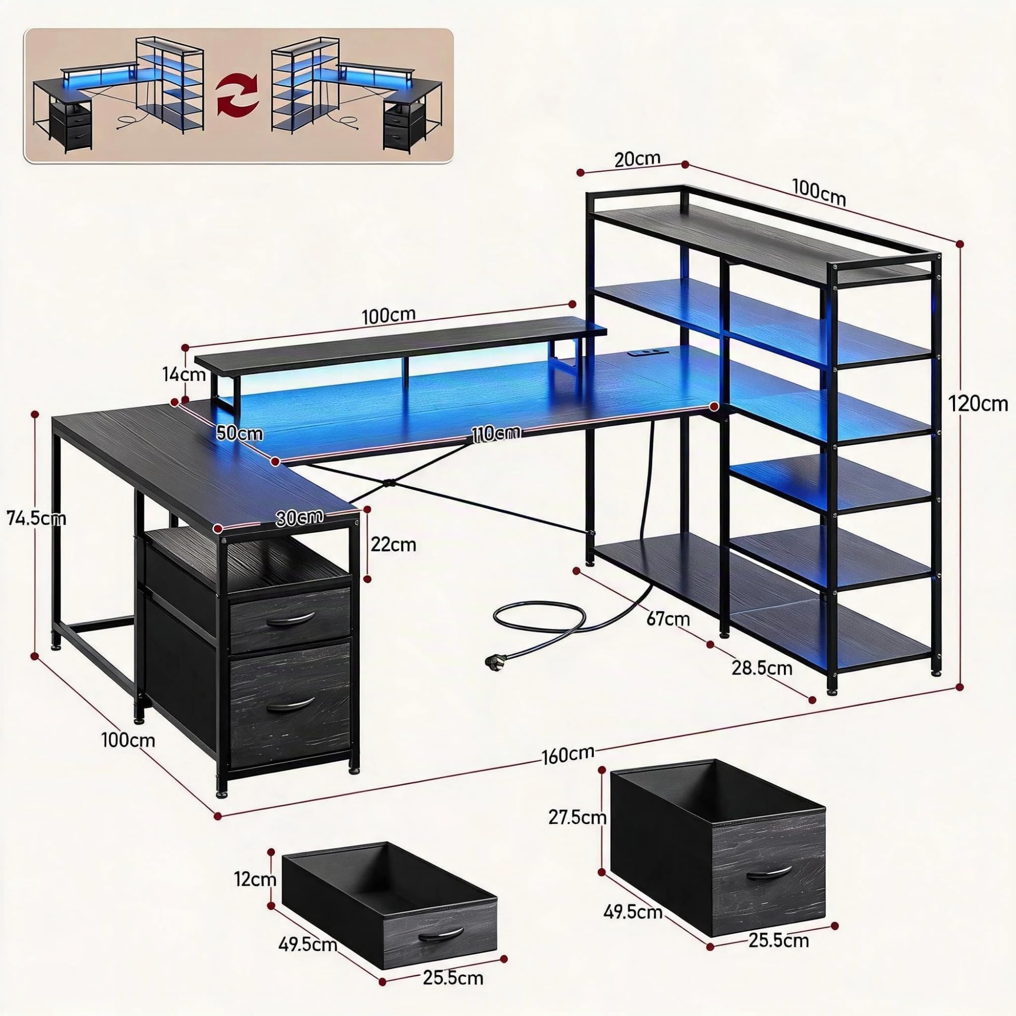 160x100 cm Forme U Bureau Gaming avec LED pour Homeoffice