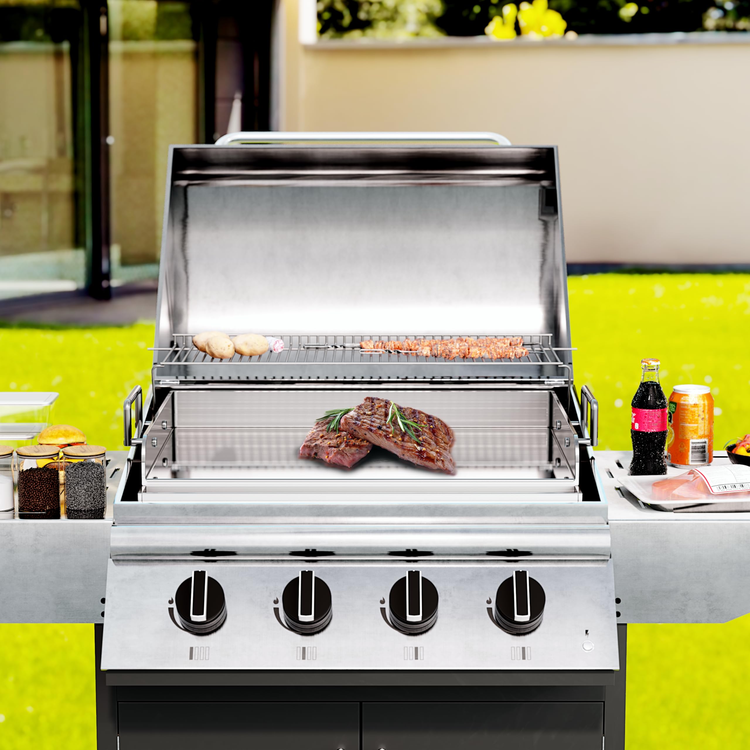 Piastra universale per barbecue Plancha in acciaio inox, con braccio di riscaldamento uniforme, griglia per barbecue a gas e carbone, universale, per barbecue, campeggio, tailgating e feste (44 cm)