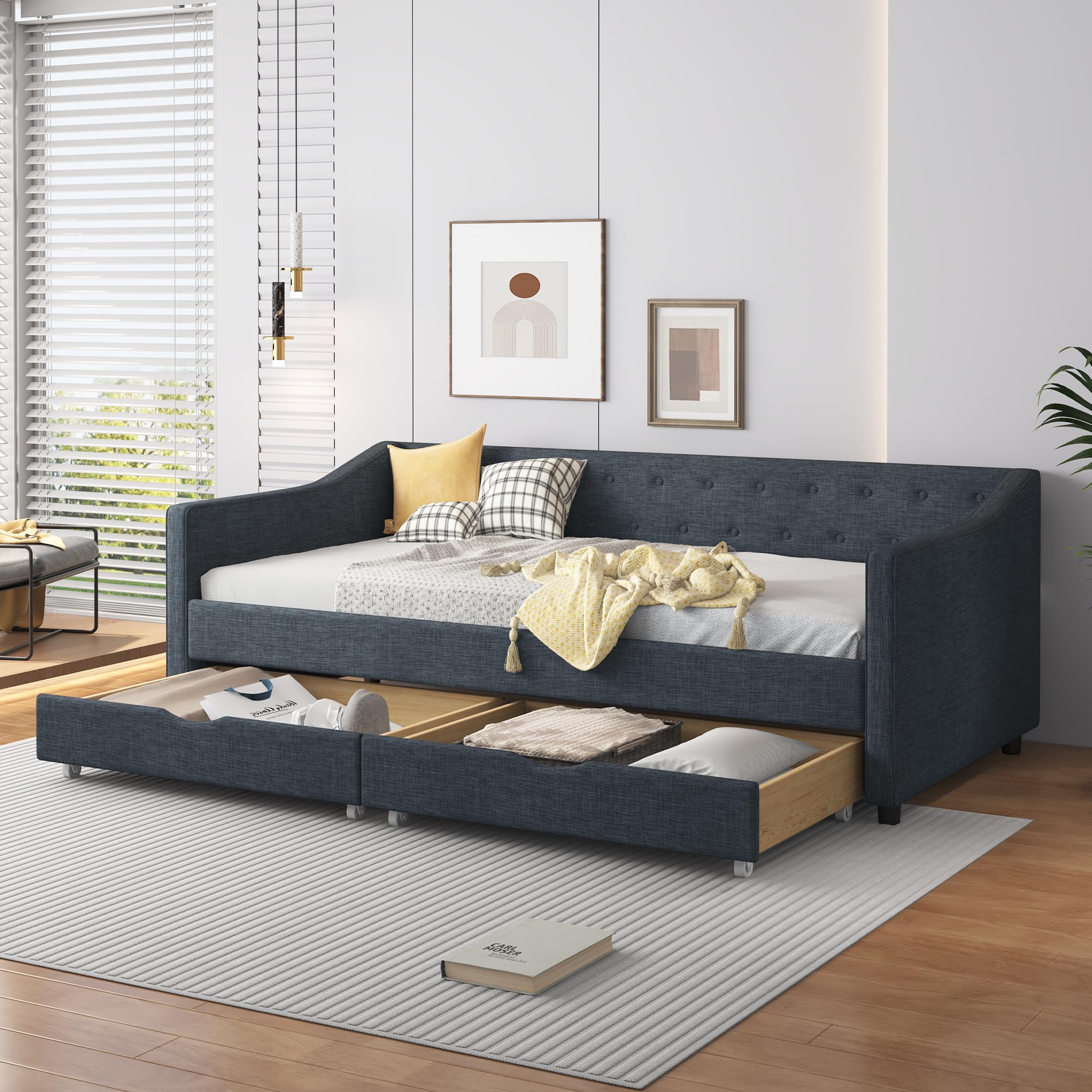 Twin Daybed Frame with 2 Storage Drawers,Upholstered Sofa Bed W/Button & Nailhead Tufted Design,Wood Slats Support,Linen Fabric Bedframe for Living Room Bedroom Apartment,Dark Gray