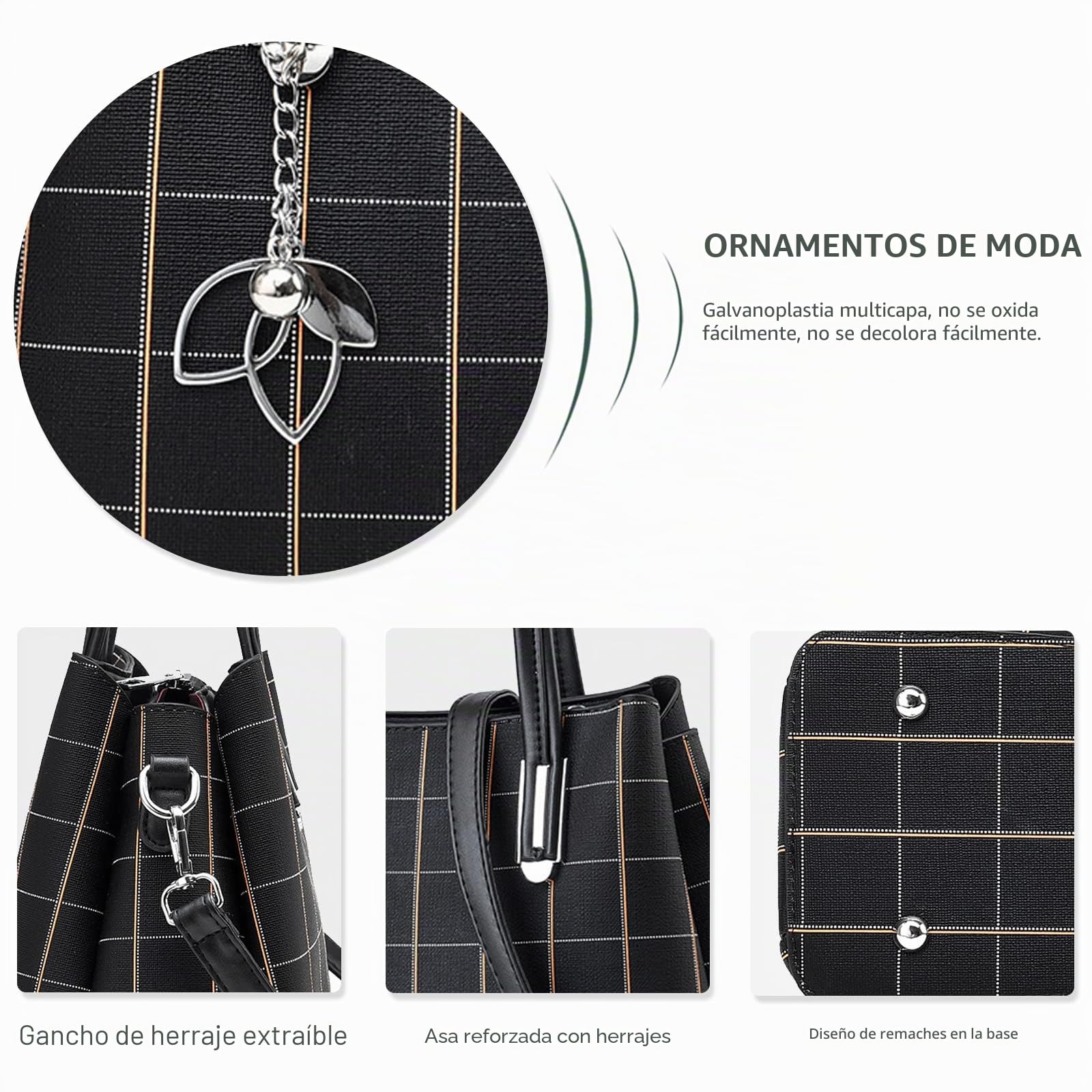 NICOLE & DORIS Bolsos Mujer Elegante Bolso Señora Tote Bolso Bandolera Cuero PU Bolso a Cuadros Clásica Bolsos de Mano Crossbody Blanco con Negro