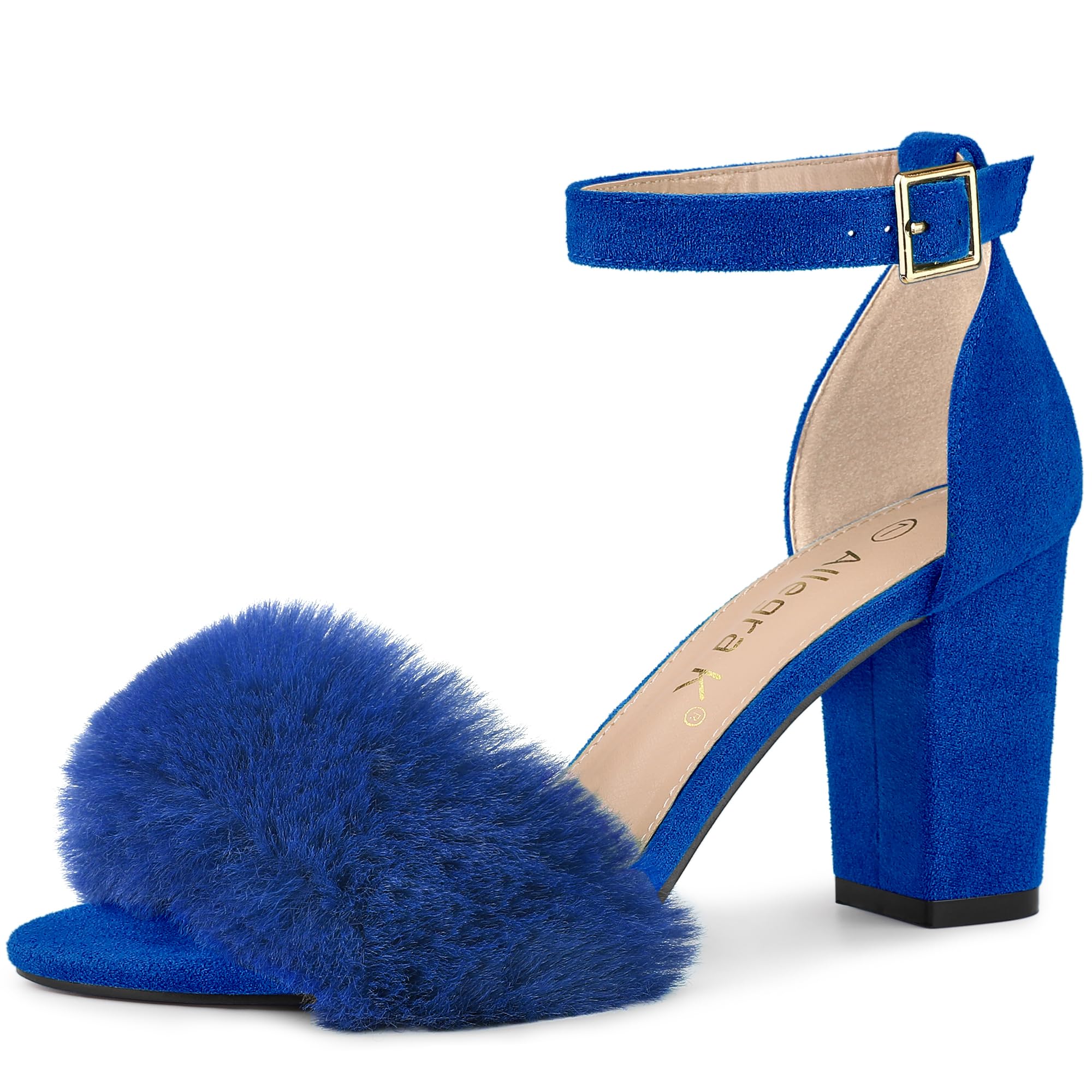 Allegra K Women's Faux Fur Ankle Strap Block Heels Sandals