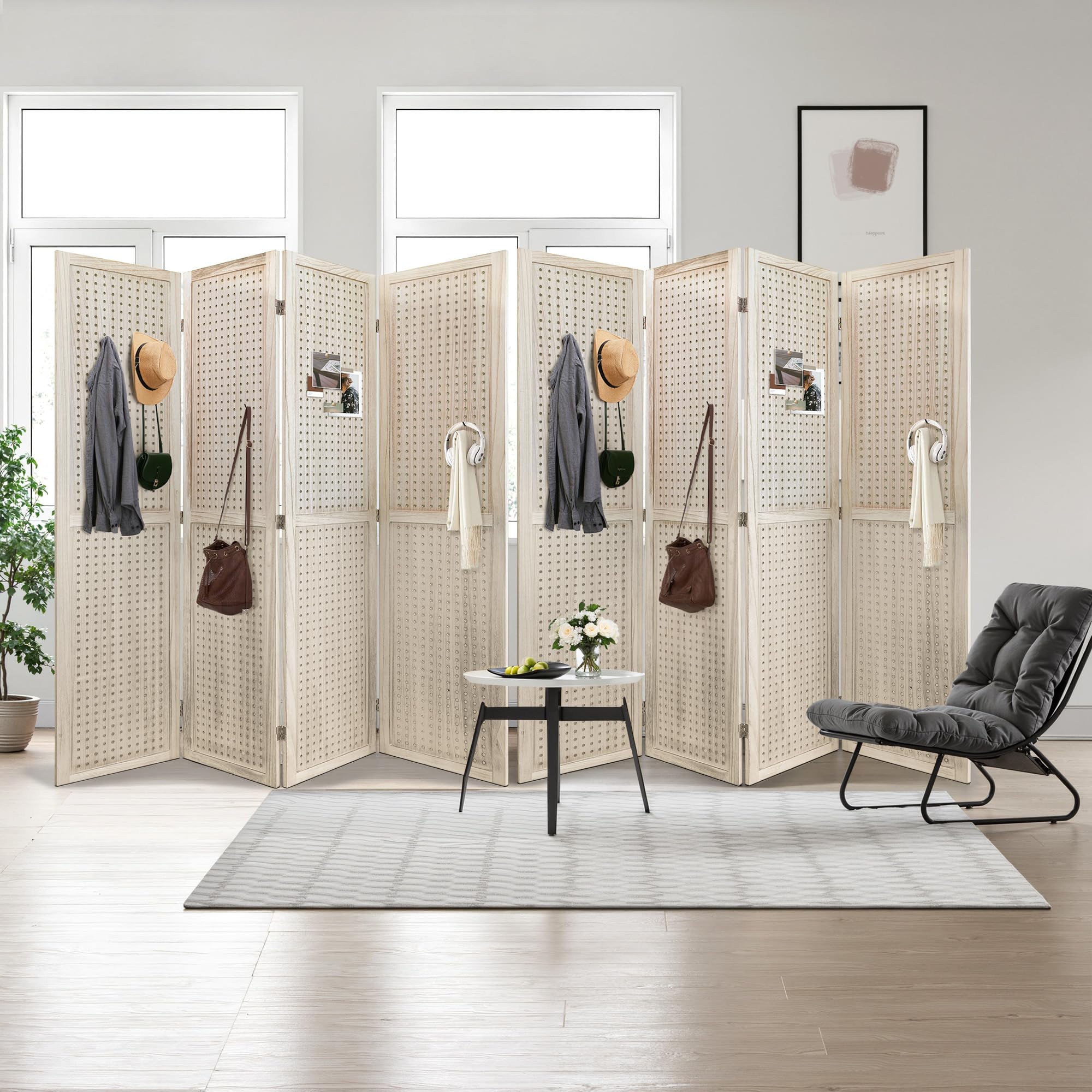 Room Divider 8 Panel 5.6FT Freestanding Room Dividers Screen Wooden Privacy Screen 2-Piece Set 4 Panel Peg Board Room Divider, No Assembly for Apartment and Office, Natural Wood