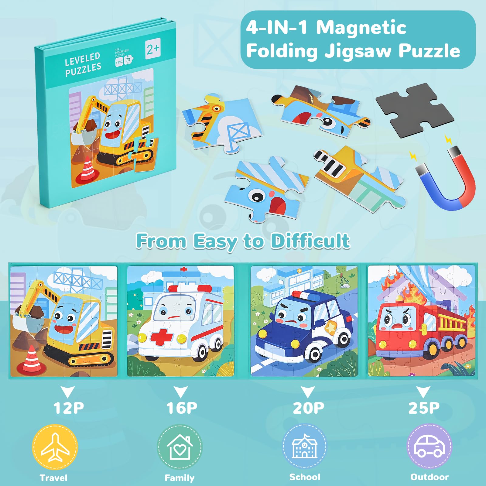 BBLIKE Puzzle magnetico per bambini 3+, 73 pezzi, 4 in 1, Veicoli speciali, Giochi da viaggio, Educativo